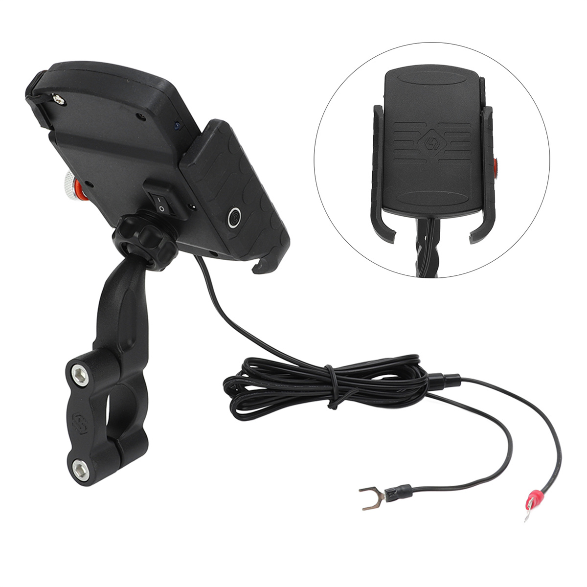 Eine schwarze Motorrad-Telefonhalterung mit einem Telefon und einem schwarzen Kabel.