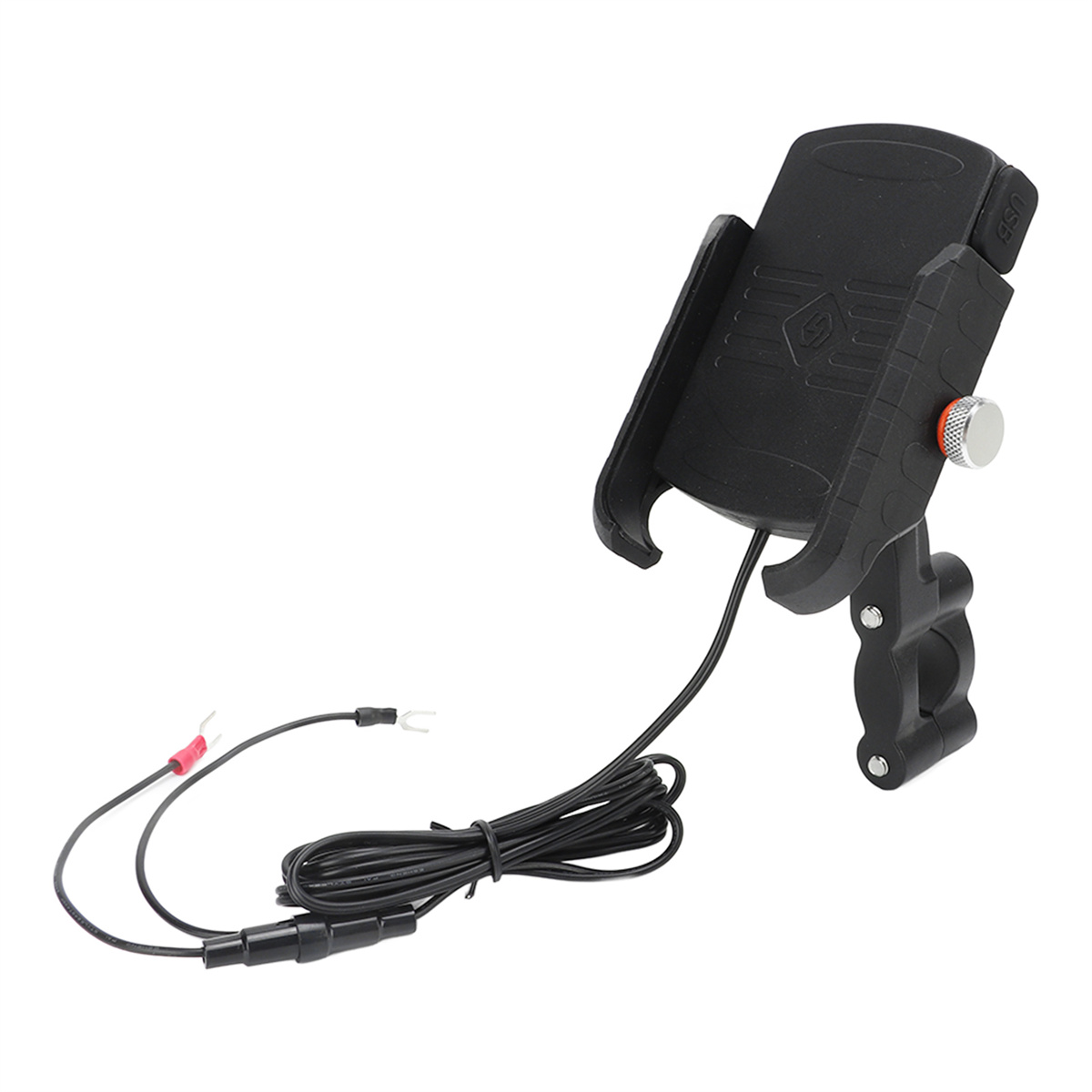Schwarze Motorrad-Telefonhalterung mit Kabel und Klemmen.