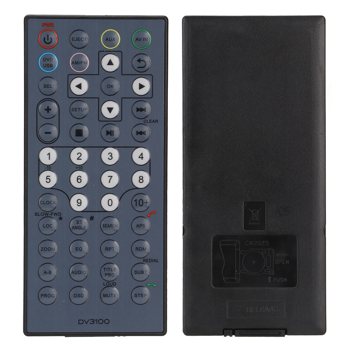 Fernbedienung mit vielen Tasten. Text DV3100. Schwarze Rückseite mit Batteriefach.