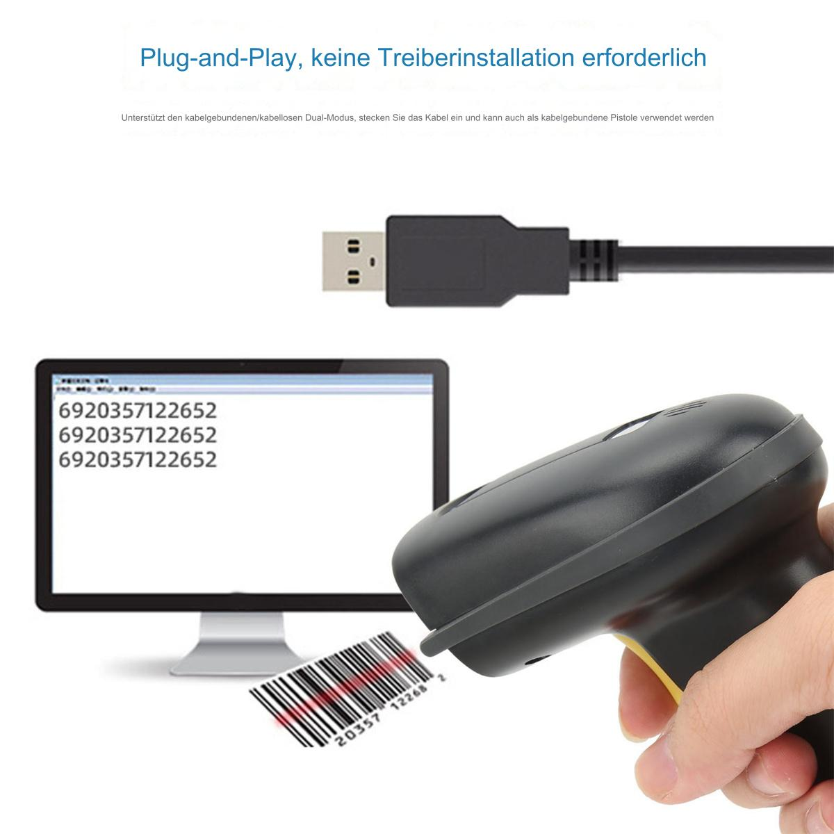 Barcodescanner und USB-Kabel, verbunden mit einem Computermonitor mit Text.