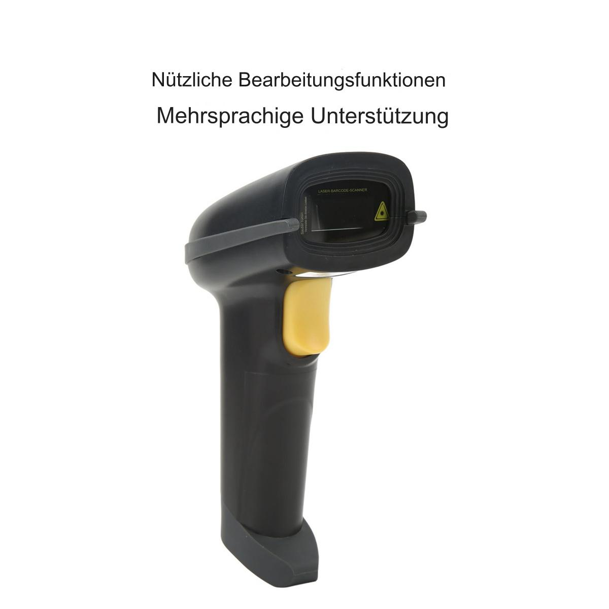 Ein schwarzer Barcode-Scanner mit einer gelben Taste. Er ist auf weißem Hintergrund nach rechts angewinkelt.