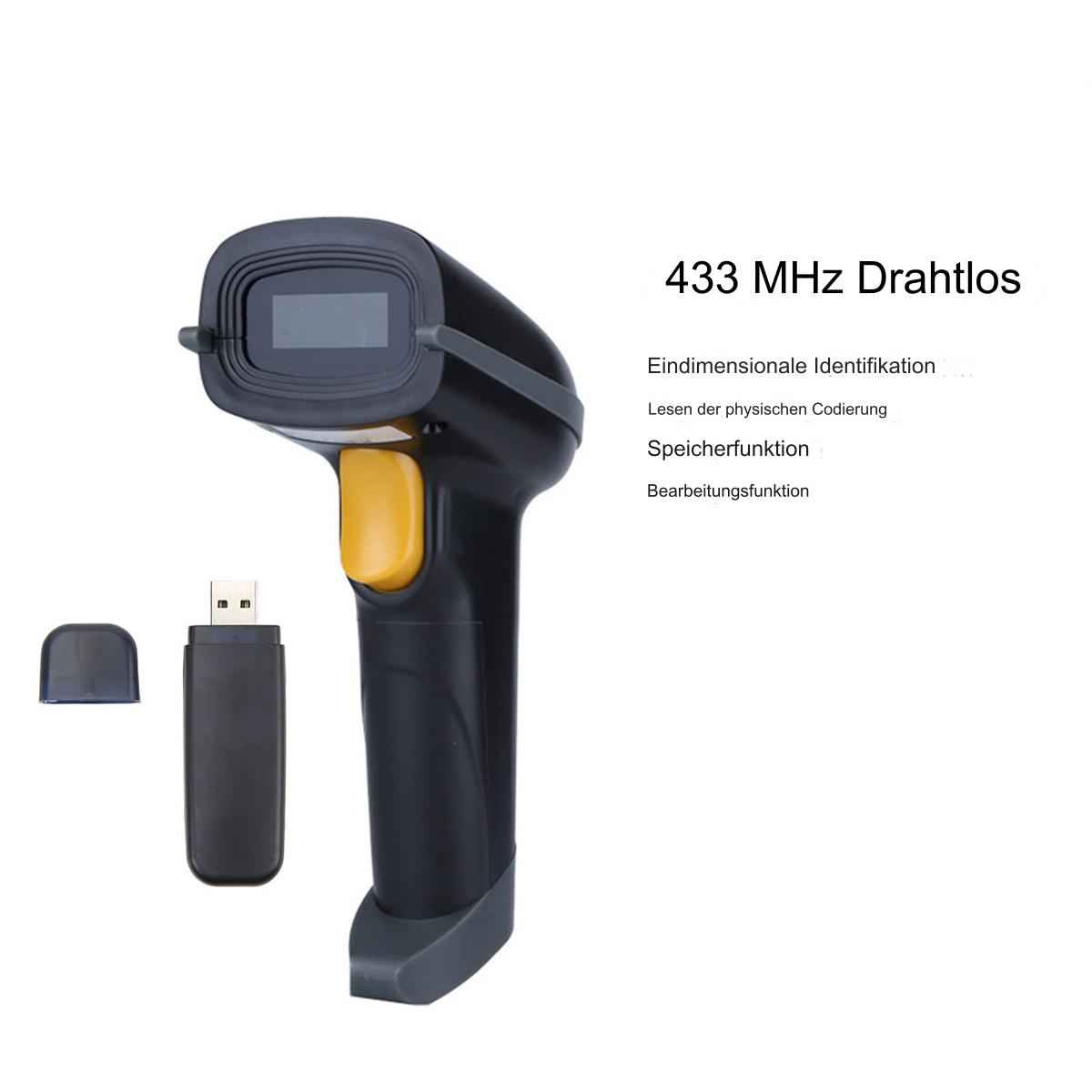 Ein schwarz-gelber Barcodescanner mit USB-Empfänger. Text auf Deutsch: '433 MHz drahtlos' und weitere Informationen.