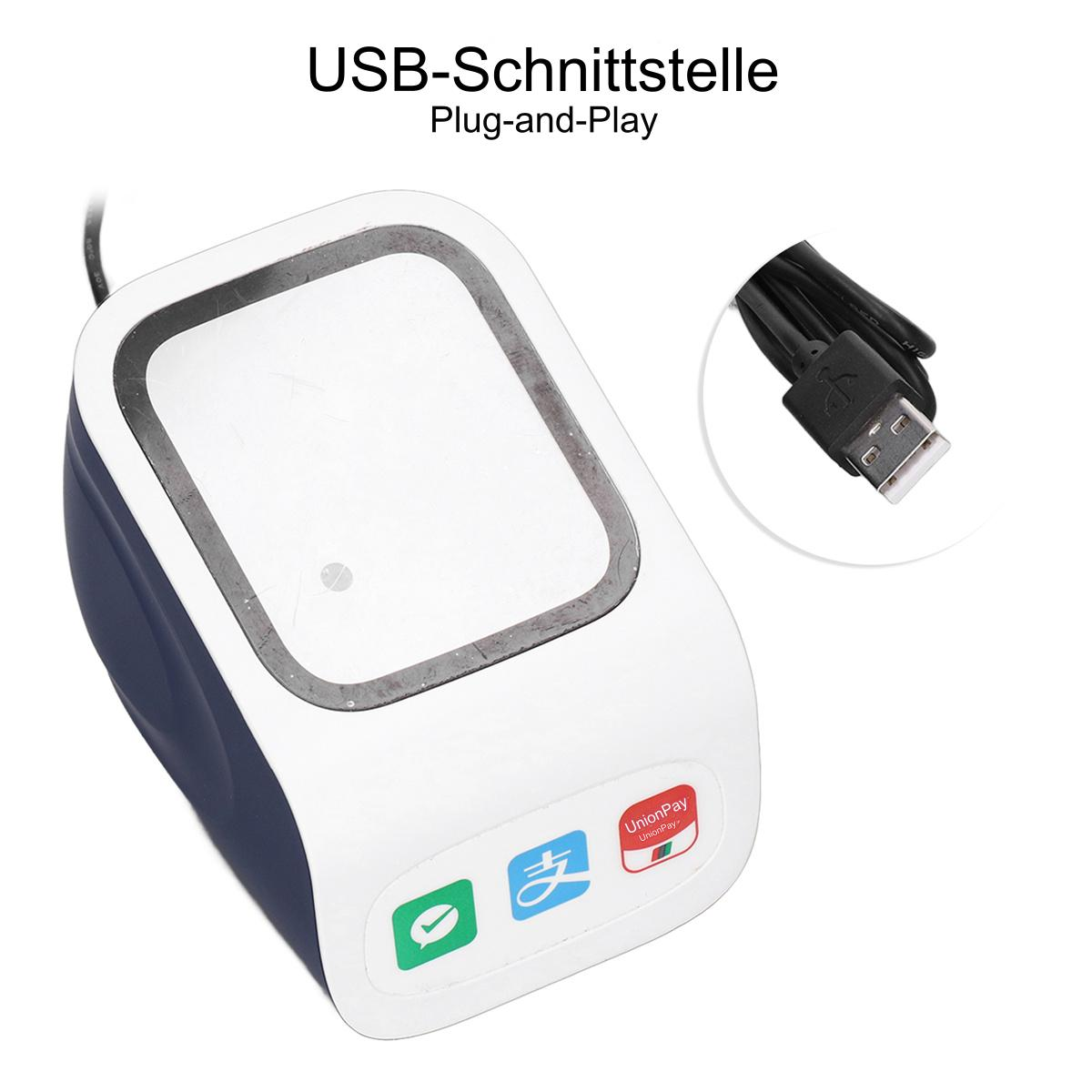 Ein weißer Fingerabdruckscanner mit blauem und dunkelblauem Rand. Ein schwarzes USB-Kabel ist eingesteckt.