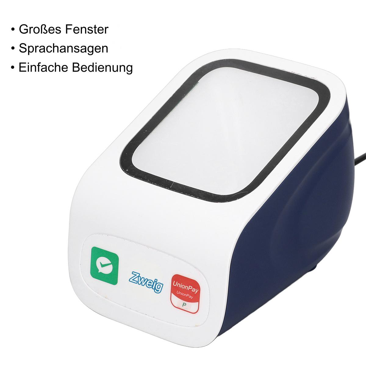 Ein weiß-blauer Barcode-Scanner. Oben steht 'Großes Fenster'. Es hat ein 'Zweig'-Etikett.