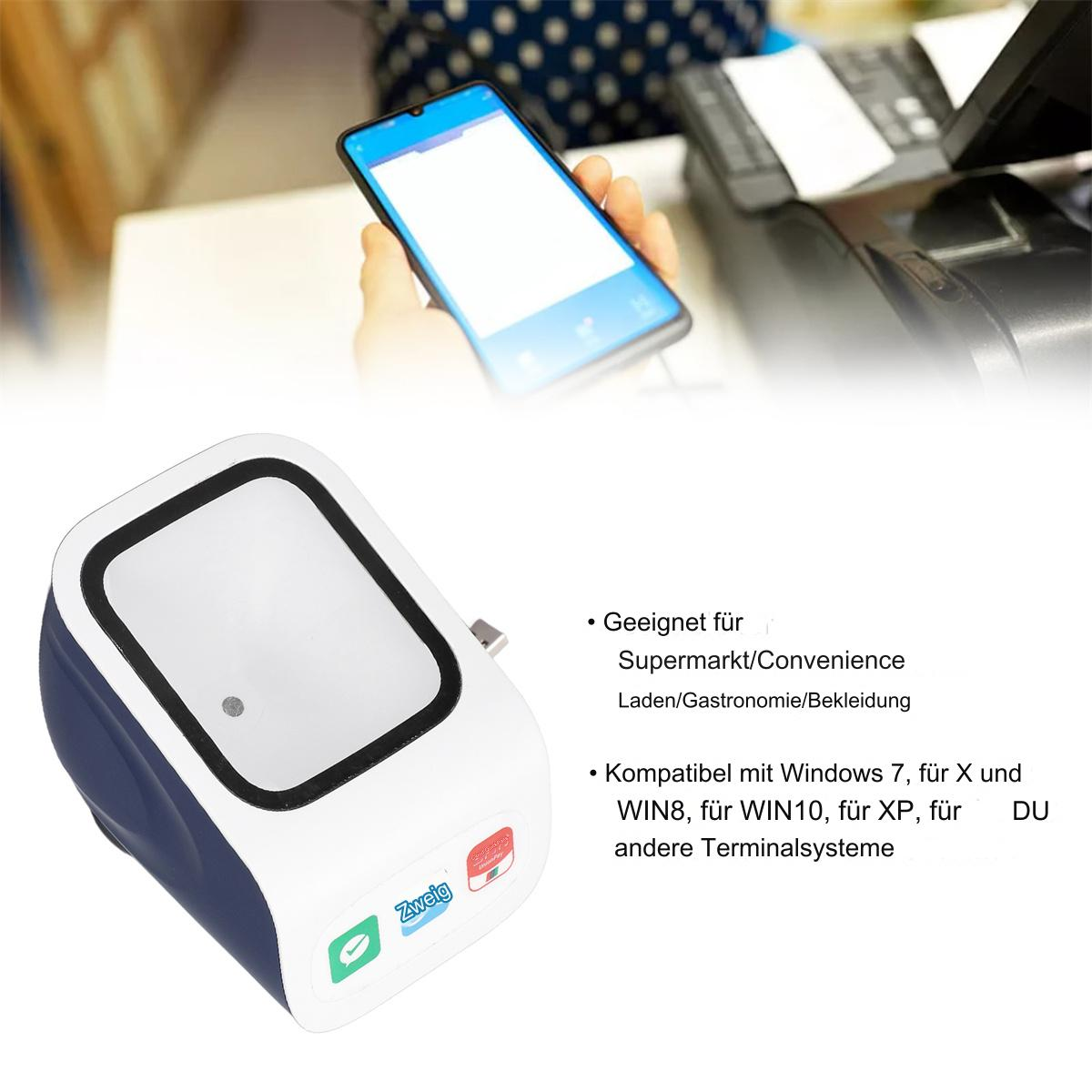 Barcode-Scanner mit weiß-blauem Design vor unscharfem Hintergrund.