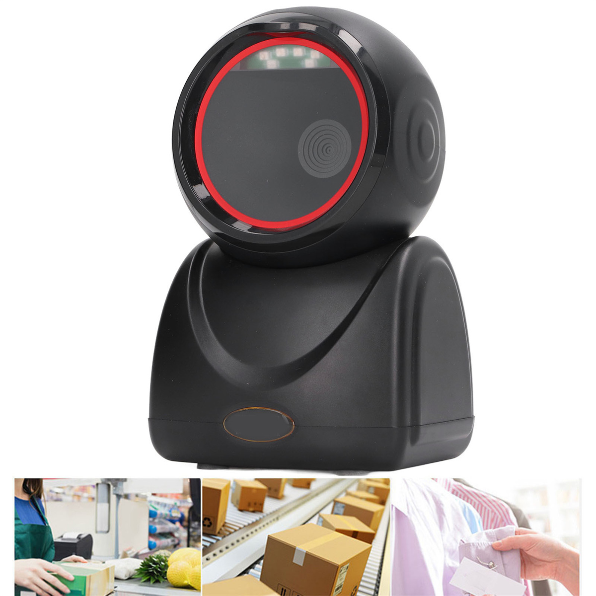 Schwarzer Barcode-Scanner, roter Ring. Drei Bilder: Kassierer, Pakete, Kleidung.