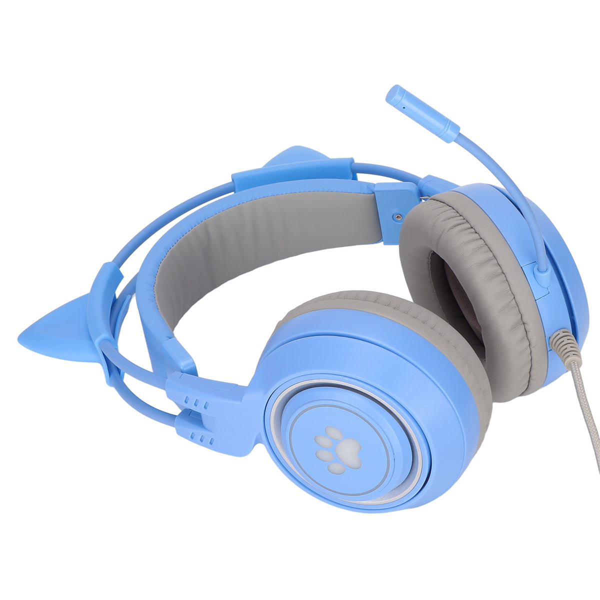 Blaues Gaming-Headset mit Katzenohren und Mikrofon. Die Ohrmuscheln haben Pfotenabdruck-Designs.