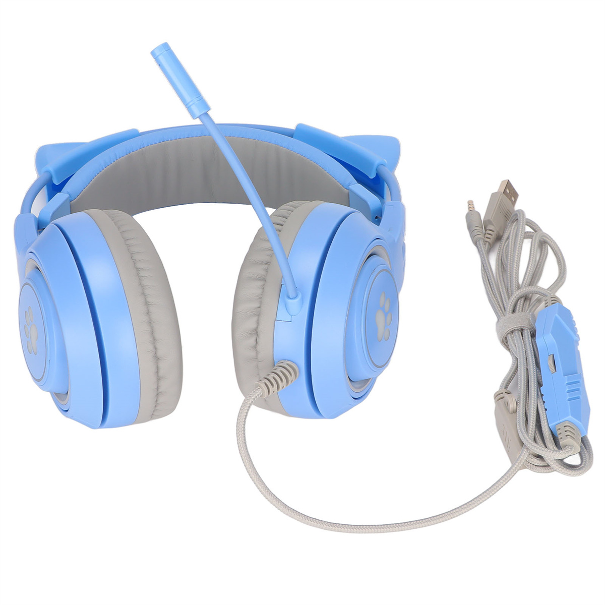 Blaue Katzenohr-Kopfhörer mit Mikrofon und Kabel mit Lautstärkeregler.