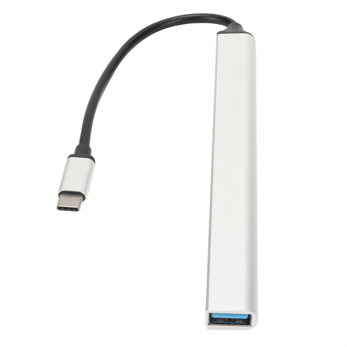 Ein silbernes USB-C-zu-USB-Adapterkabel auf weißem Hintergrund.