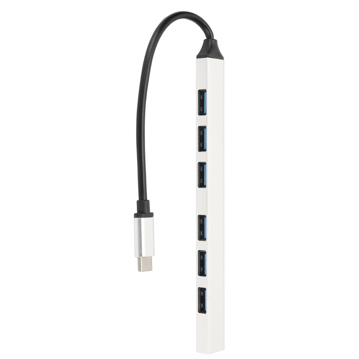 Ein silberner USB-Hub mit 6 Anschlüssen und einem schwarzen Kabel. Der Hub ist rechteckig und hat ein Logo.