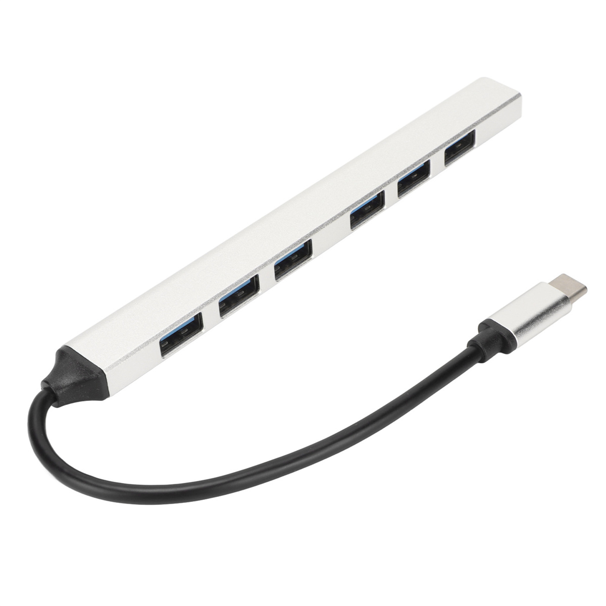 Silberner USB-Hub mit sieben Anschlüssen und einem USB-C-Anschluss mit schwarzem Kabel.