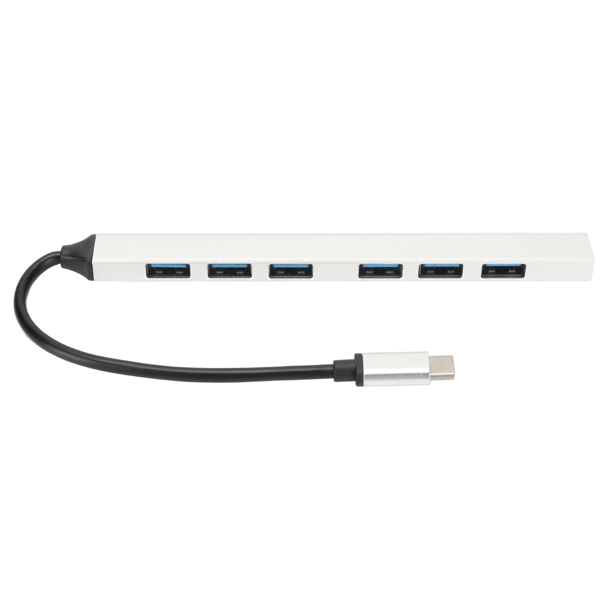 Ein silberner USB-Hub mit 7 Anschlüssen wird angezeigt. Ein USB-C-Anschluss ist an dem Hub befestigt.