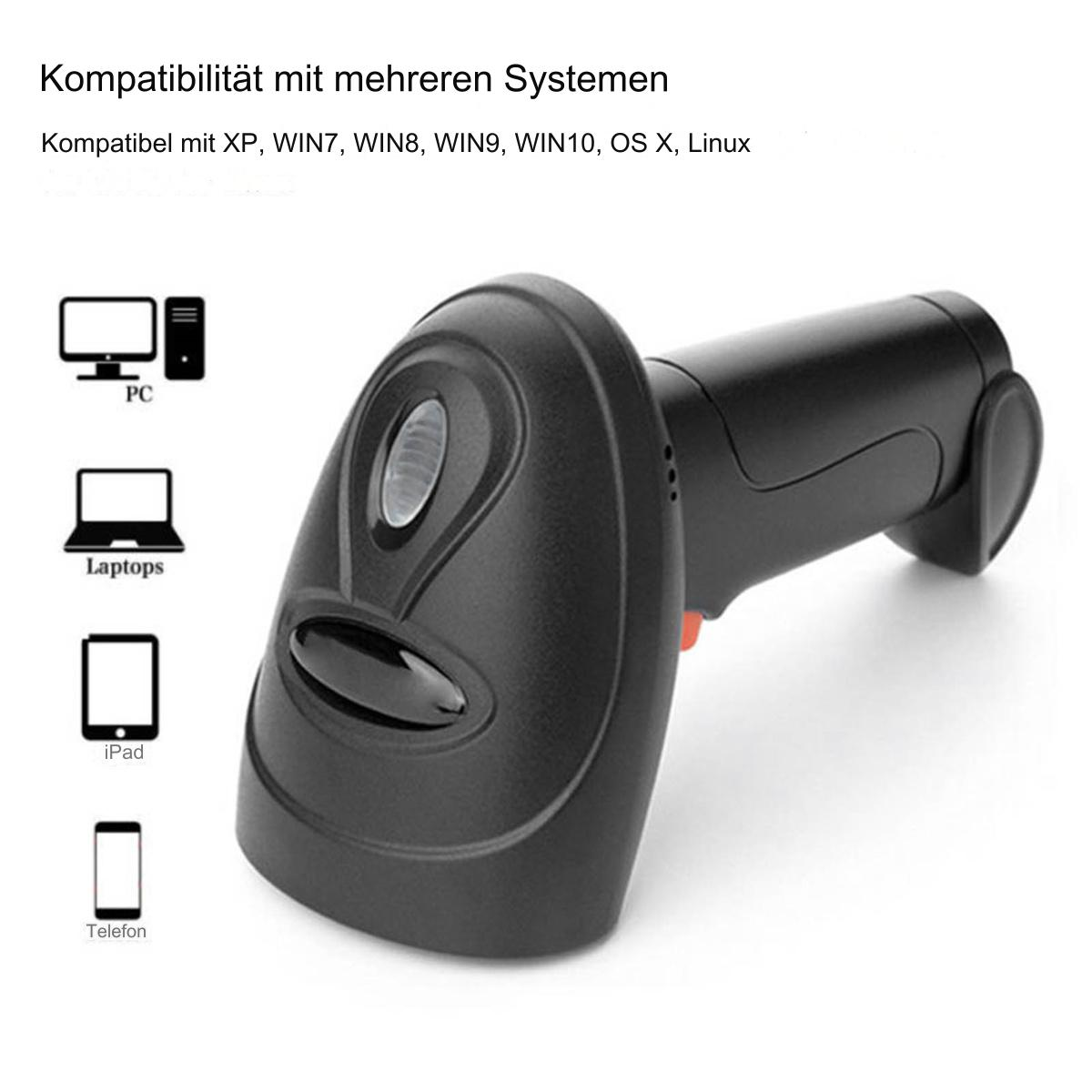 Ein schwarzer Barcode-Scanner mit Symbolen, die die Kompatibilität mit verschiedenen Geräten wie PC, Laptops und iPad anzeigen.
