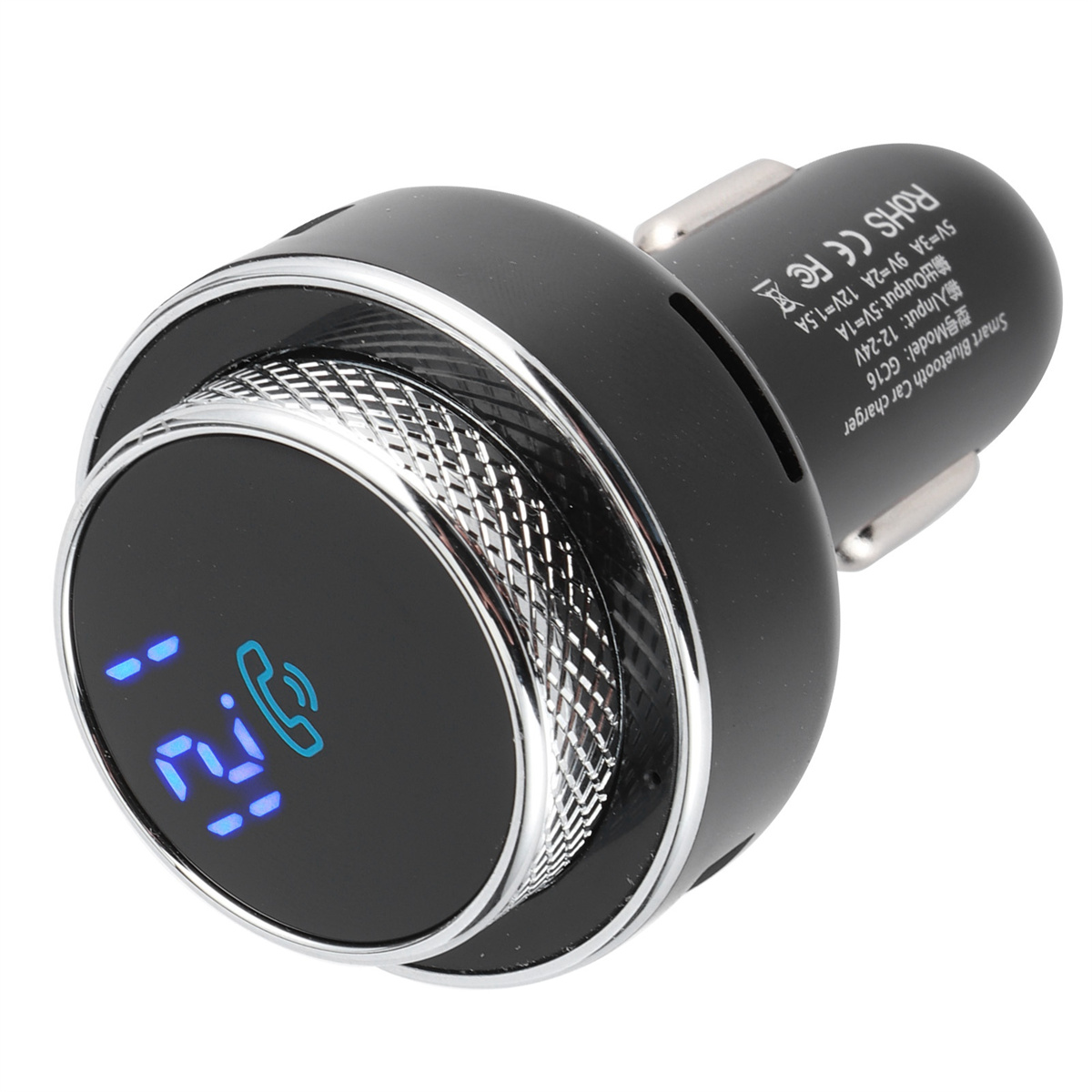 Schwarzes Bluetooth-Autoladegerät mit blauem Digitaldisplay, Silberring.