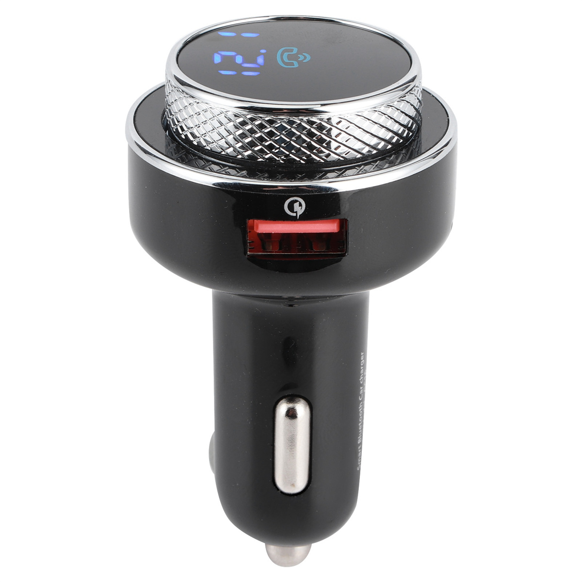 Ein schwarzes Autoladegerät mit USB-Anschluss und Digitalanzeige. Es ist ein Autoladegerät mit Bluetooth.