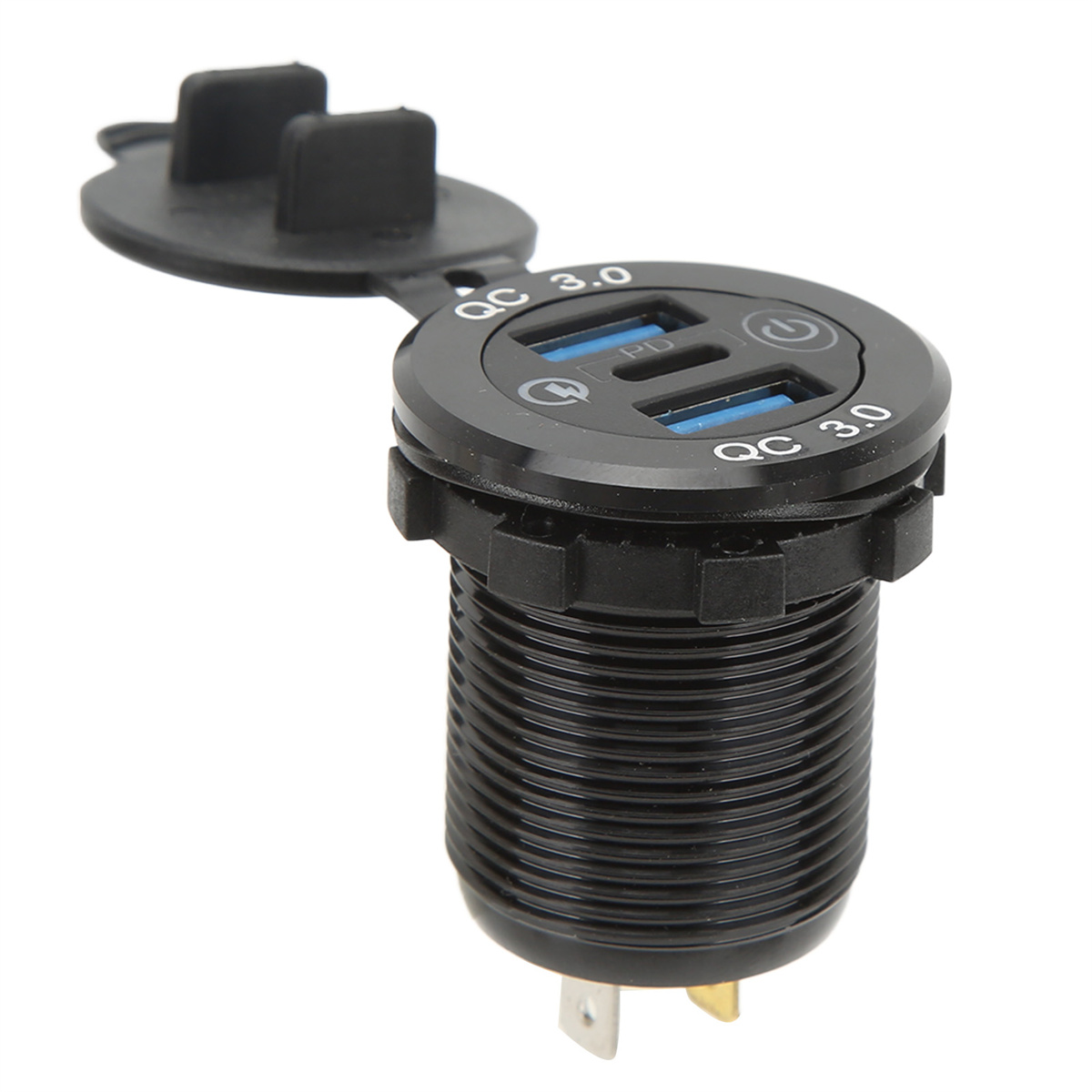 Schwarzes USB-Ladegerät mit zwei USB 3.0-Anschlüssen und Abdeckung, Nahaufnahme.