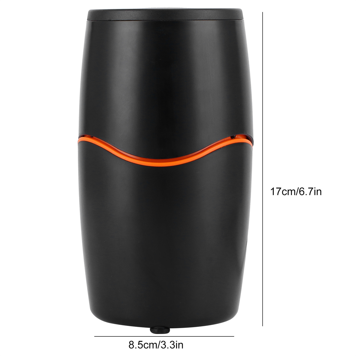 Schwarze Kaffeemühle mit orangefarbenen Akzenten. Zylindrische Form. Maße sind an der Seite angegeben.