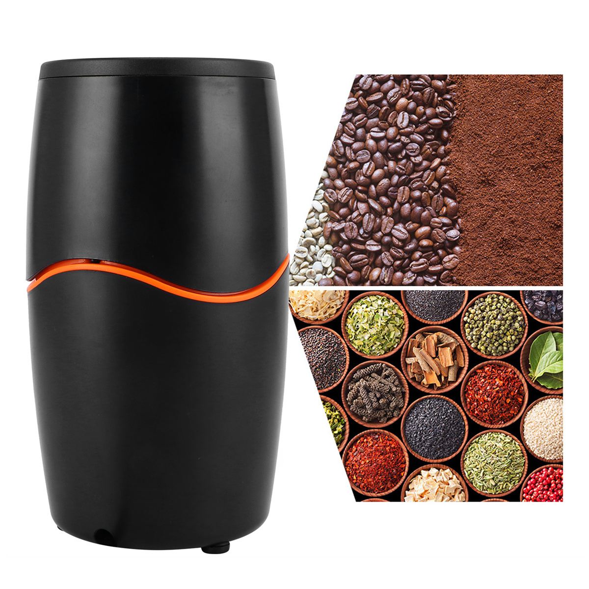Schwarze Kaffeemühle mit orangem Streifen. Kaffeebohnen, Kaffeepulver und Gewürze sind in separaten Abschnitten gezeigt.