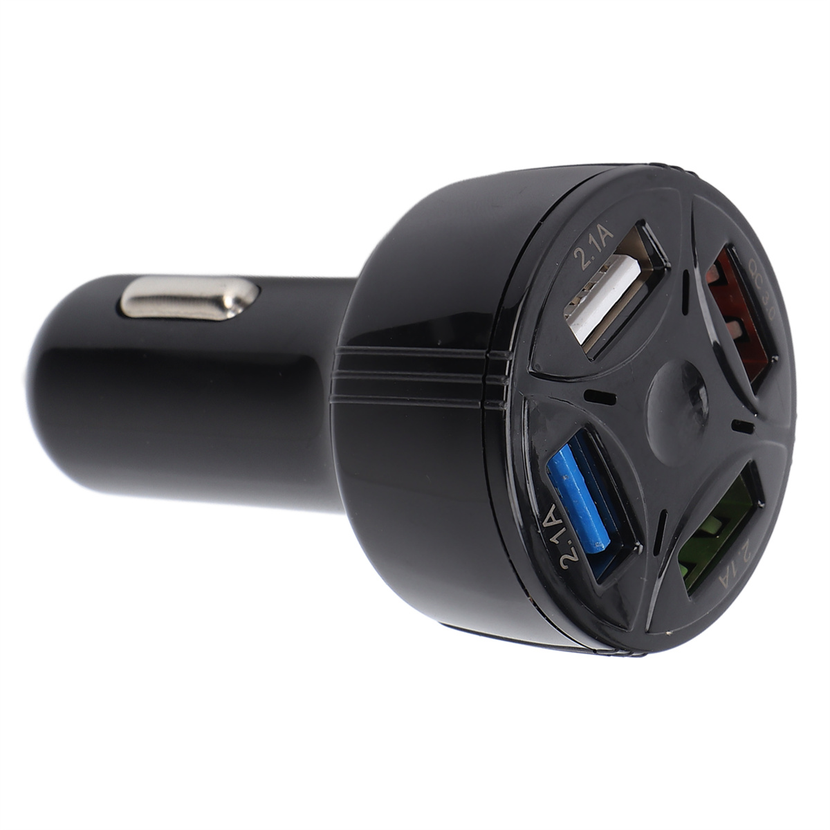 Schwarzes Autoladegerät mit vier USB-Anschlüssen. Zwei 2,1A- und zwei DC 3,0-Anschlüsse sind sichtbar.