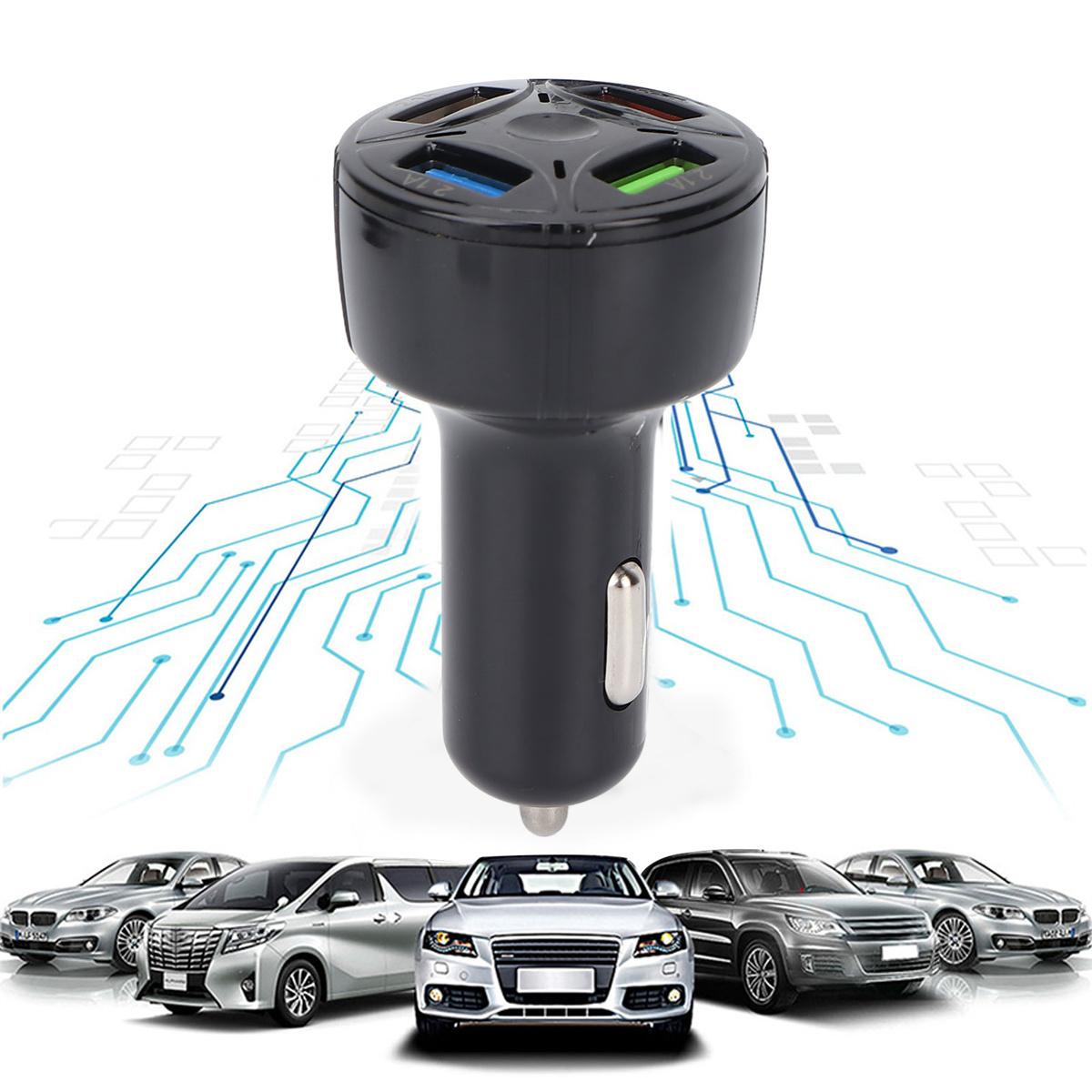 Schwarzes Autoladegerät mit mehreren USB-Anschlüssen, mit Autos im Hintergrund.