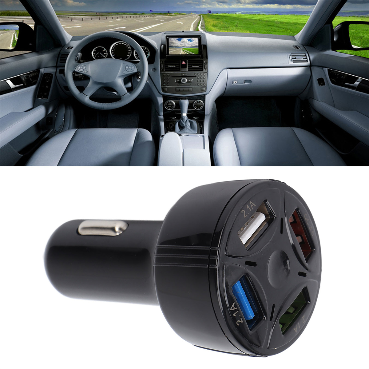 Autoinnenraum mit Armaturenbrett und Lenkrad. Ladegerät mit mehreren USB-Anschlüssen im Vordergrund.