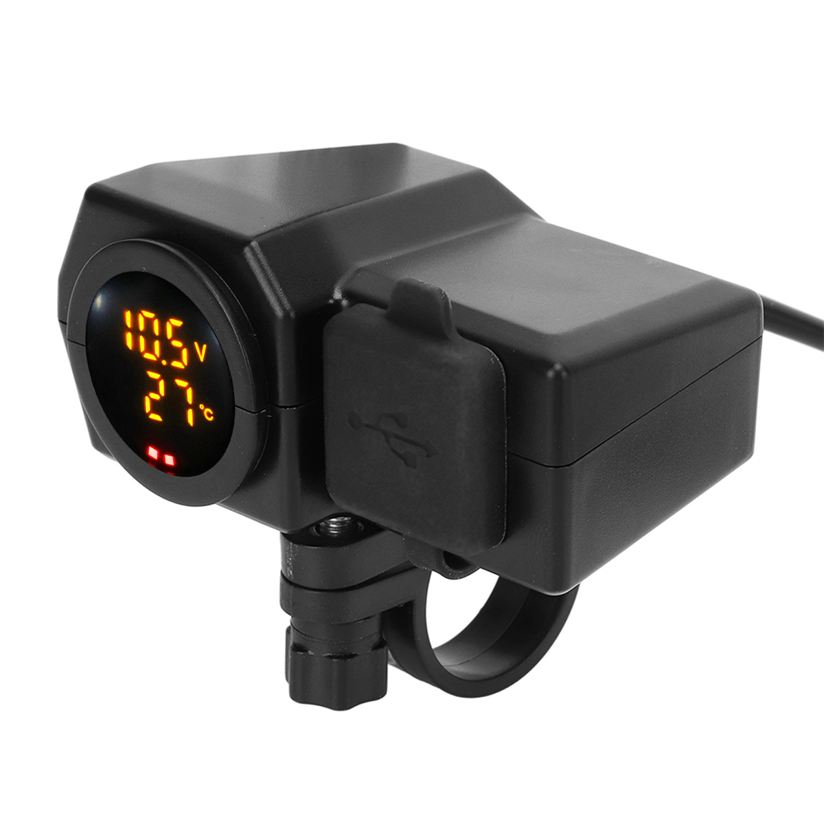 Schwarzes digitales Voltmeter mit USB-Anschluss und schwarzem Ring. Das Display zeigt Spannung und Temperatur an.