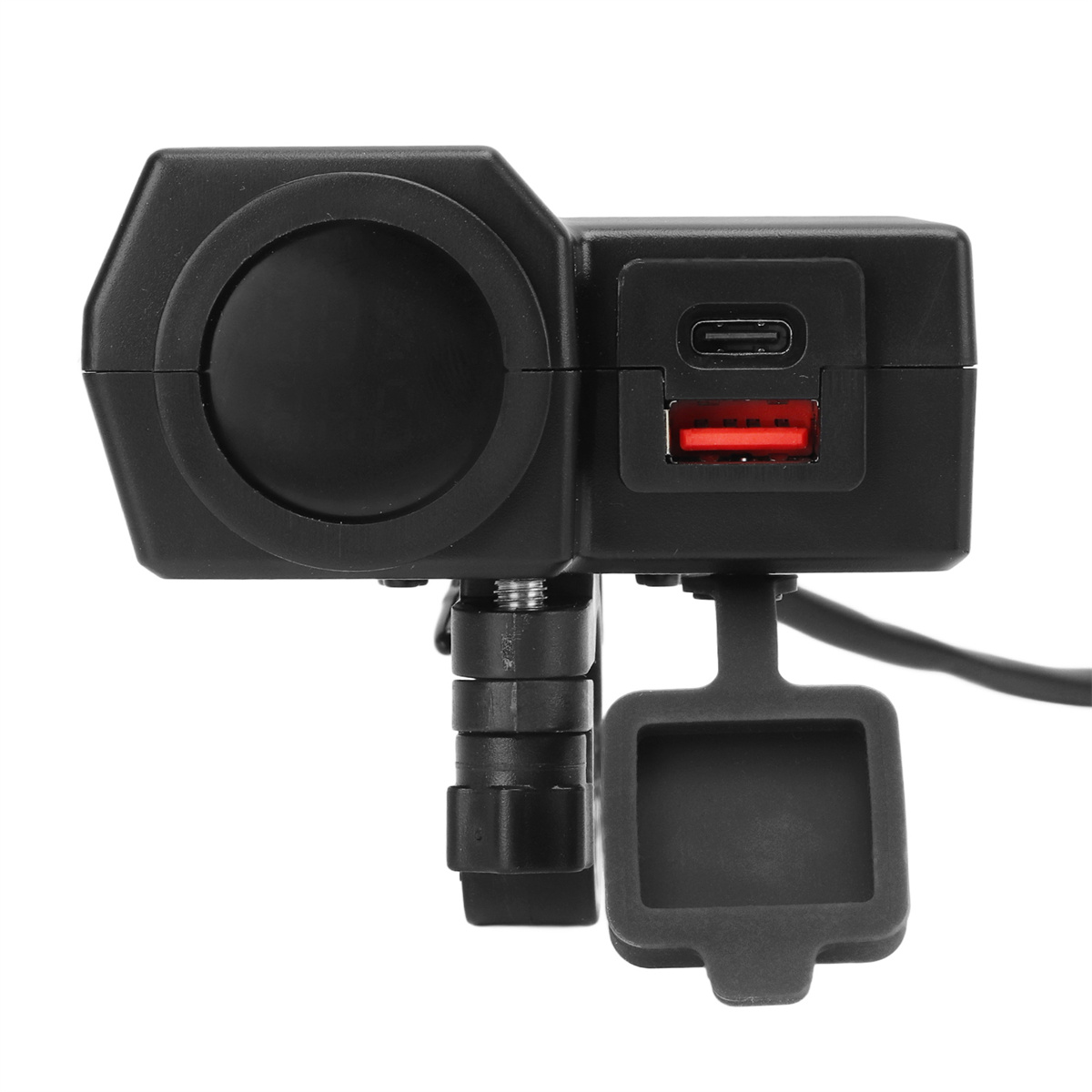 Schwarzes Motorrad-USB-Ladegerät mit rotem USB-Anschluss. Das Ladegerät ist an einem Motorrad montiert.