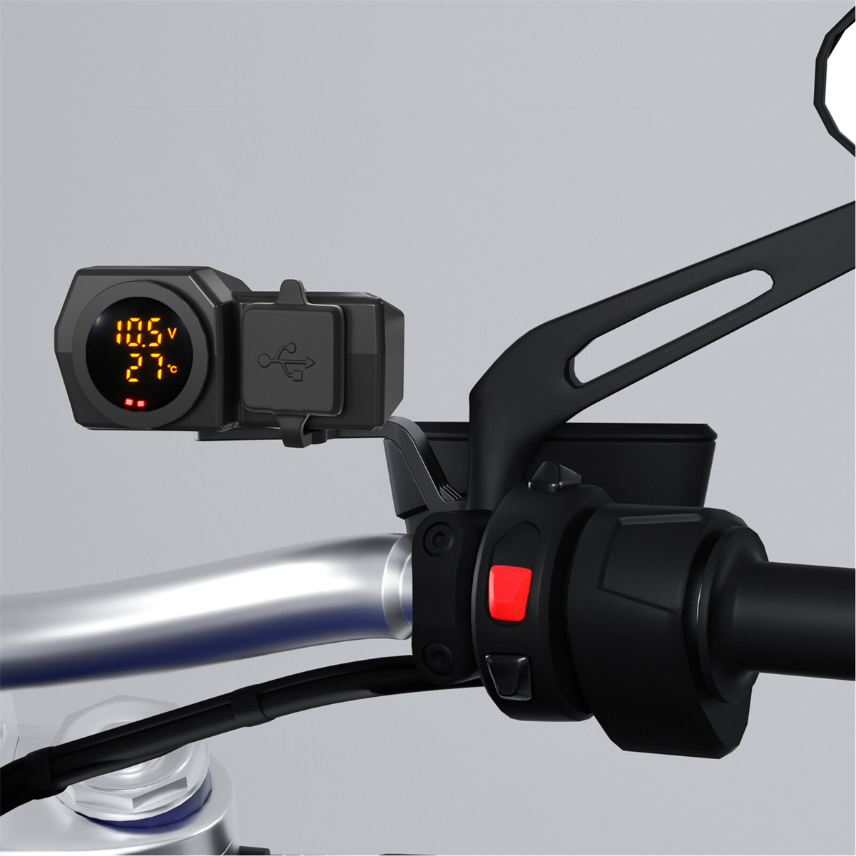 Motorradlenker mit USB-Anschluss und Display. Das Display zeigt Spannung und Temperatur an.