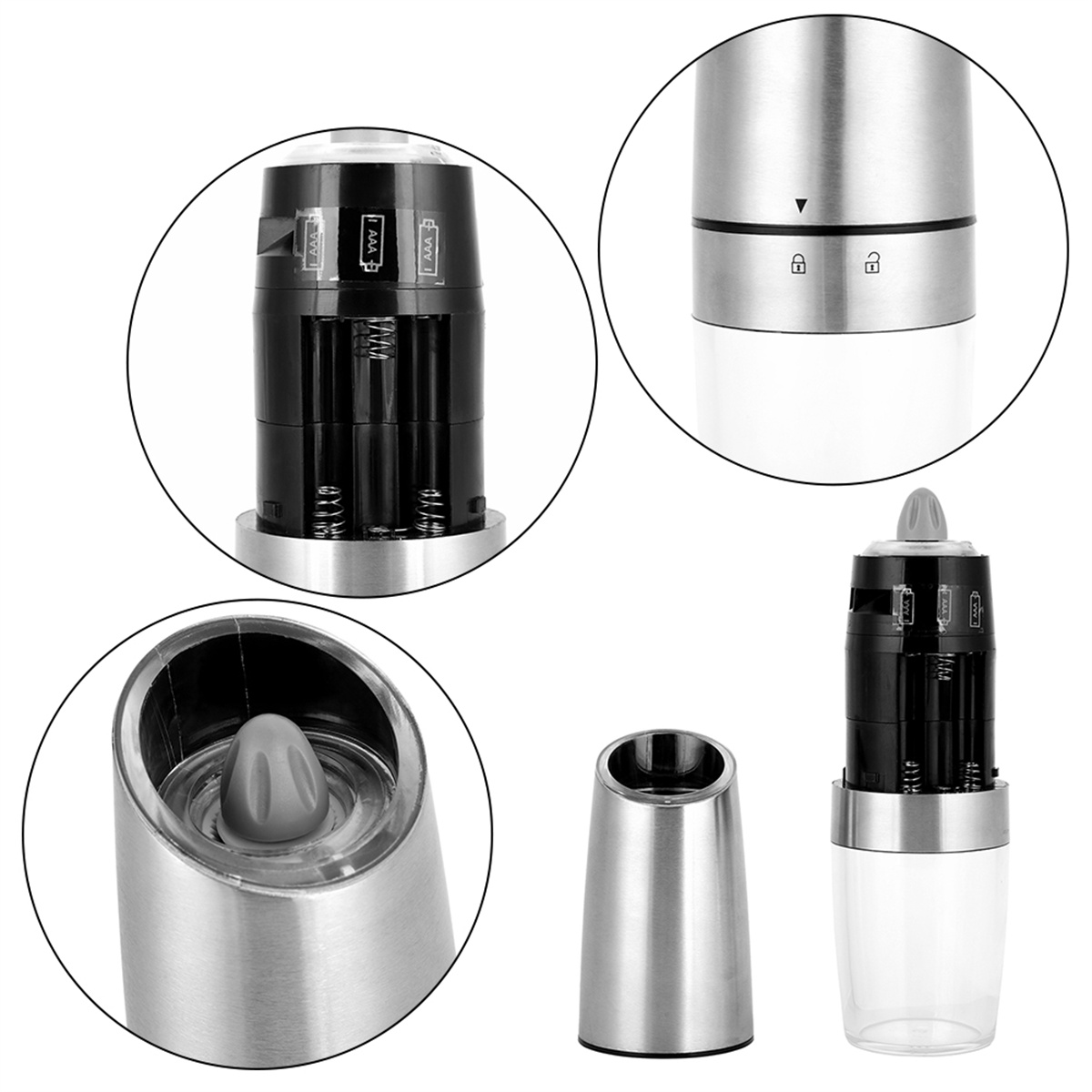 Nahaufnahme einer Pfeffermühle mit Batteriefach, Mahlwerk und Oberteil.
