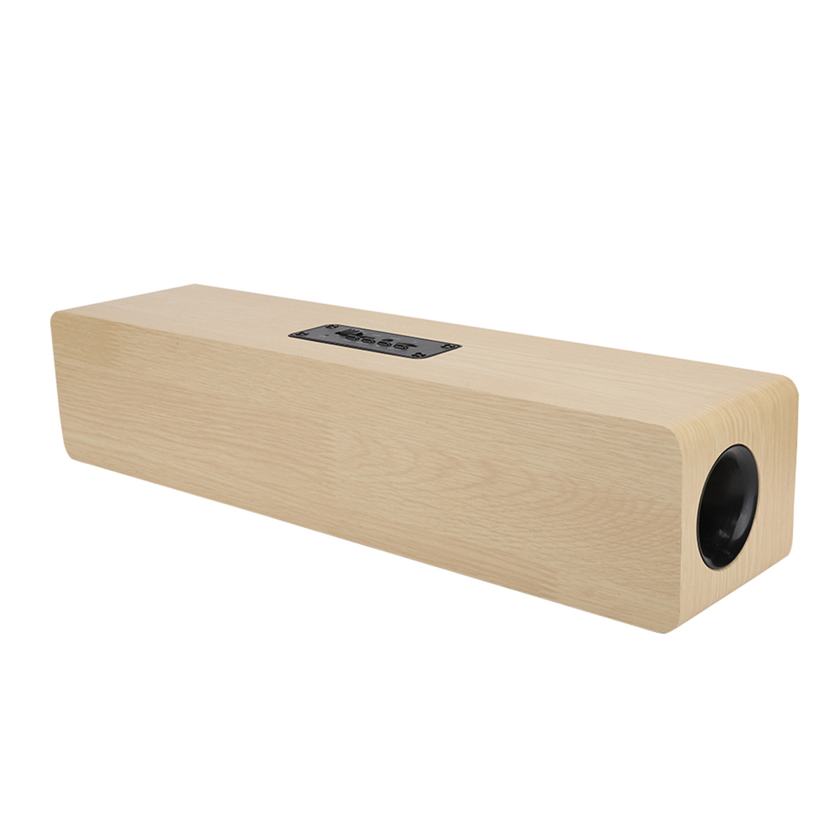 Rechteckiger Lautsprecher aus Holz. Schwarze Bedienelemente oben, schwarzes Loch an der Seite.