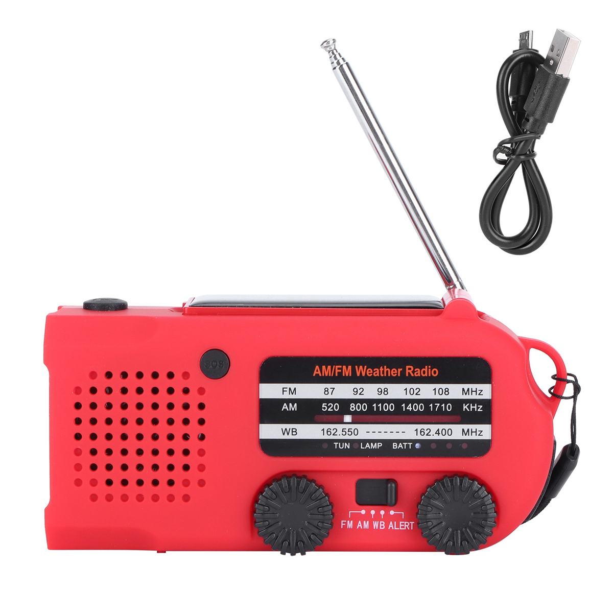 Ein rotes AM/FM-Wetterradio mit USB-Kabel. Das Radio hat ein Zifferblatt und eine Tuningsanzeige.