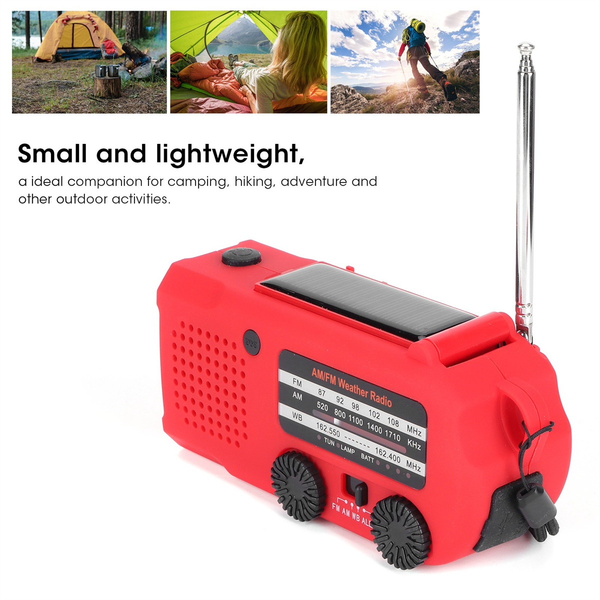 Rotes Wetterradio mit Solarpanel und Antenne. Kleine Bilder von Außenszenen.