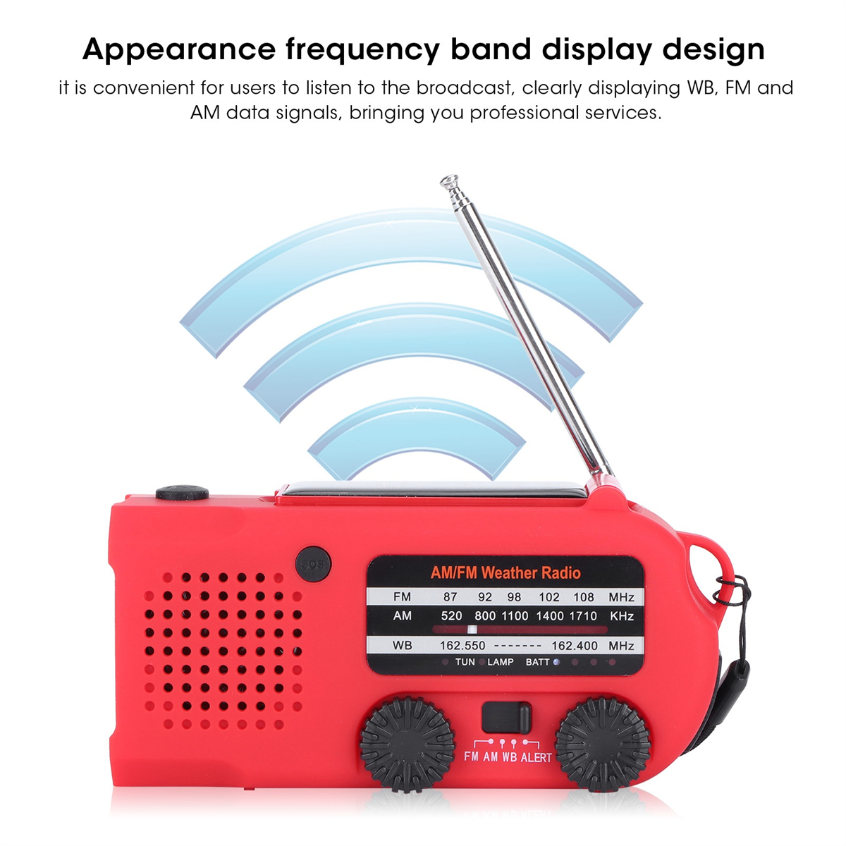 Rotes AM/FM-Wetterradio mit Antenne und Solarpanel, Frequenzbänder anzeigend.