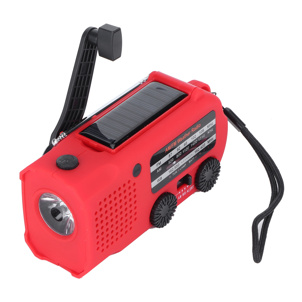 Rotes AM/FM-Wetterradio mit Handkurbel, Solarpanel und Taschenlampe.