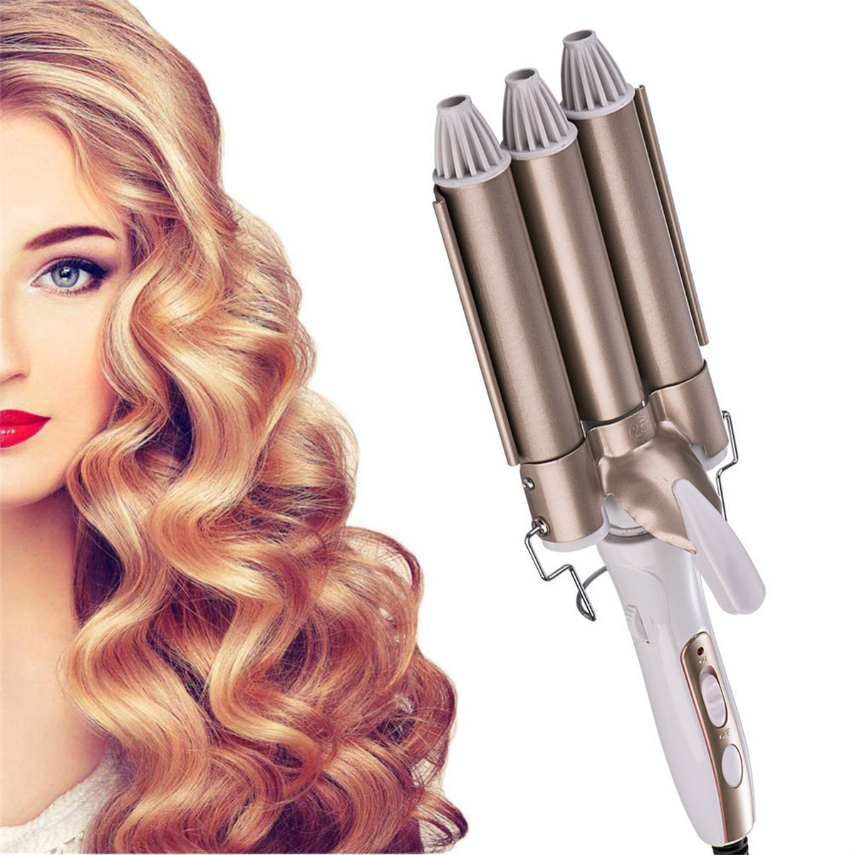 Gesicht und Haare einer Frau, neben einem Lockenstab. Die Haare sind wellig, der Stab ist gold.