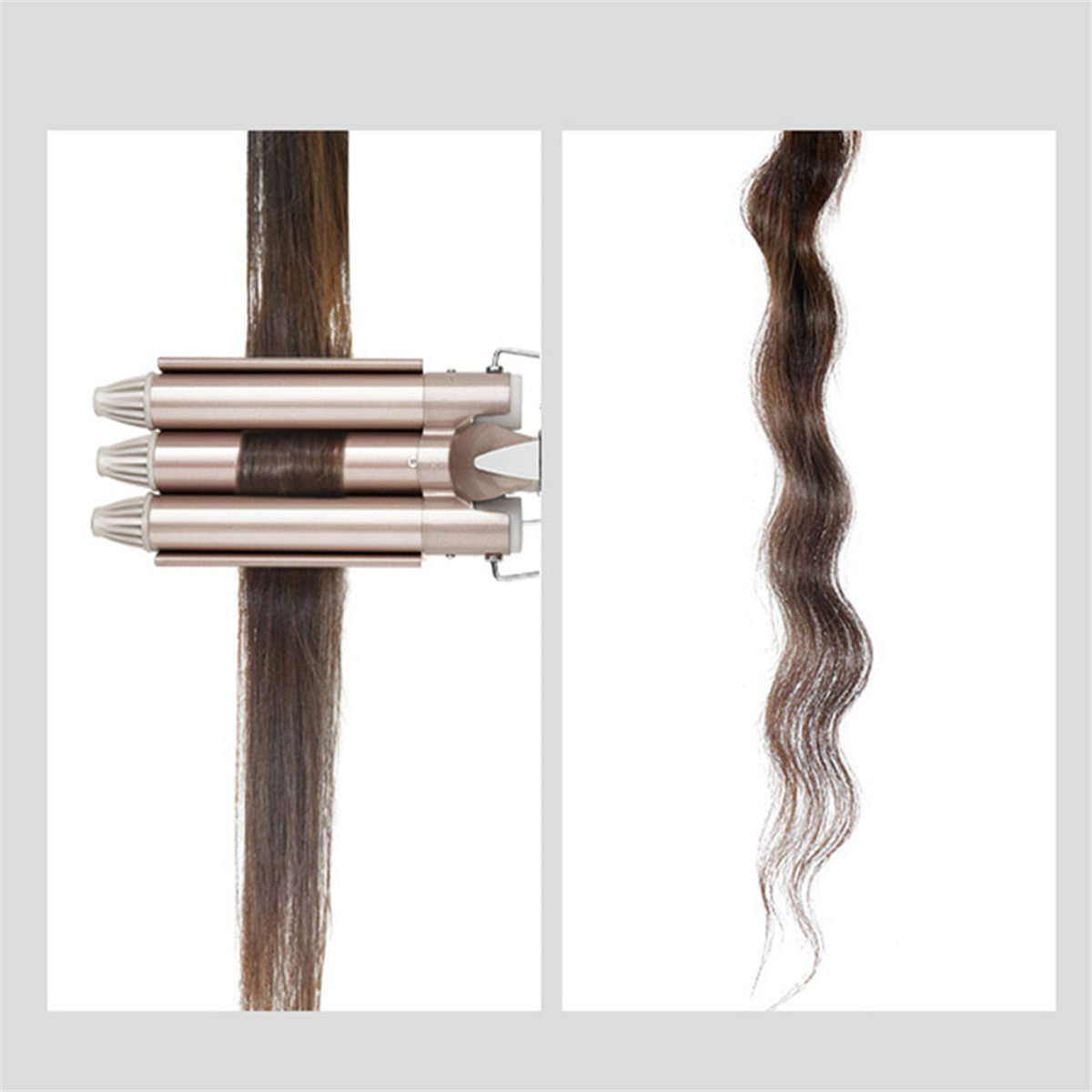Haar-Lockenwickler an Haarprobe. Links: Haar vor dem Locken. Rechts: gelocktes Haar. Beide vor weißem Hintergrund.