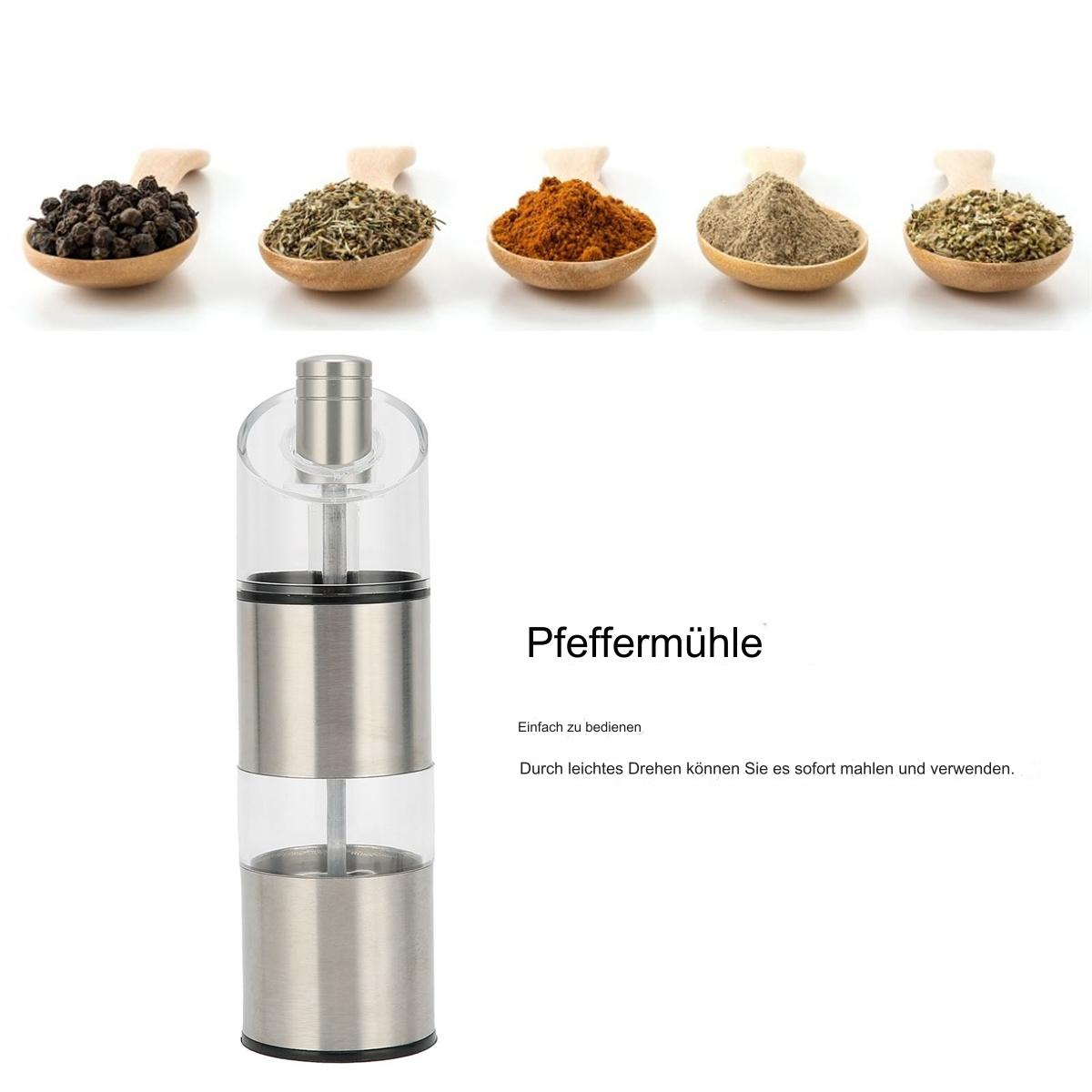 Pfeffermühle mit Gewürzen in Holzlöffeln. Gewürze sind Pfefferkörner, Thymian, Paprika und mehr.