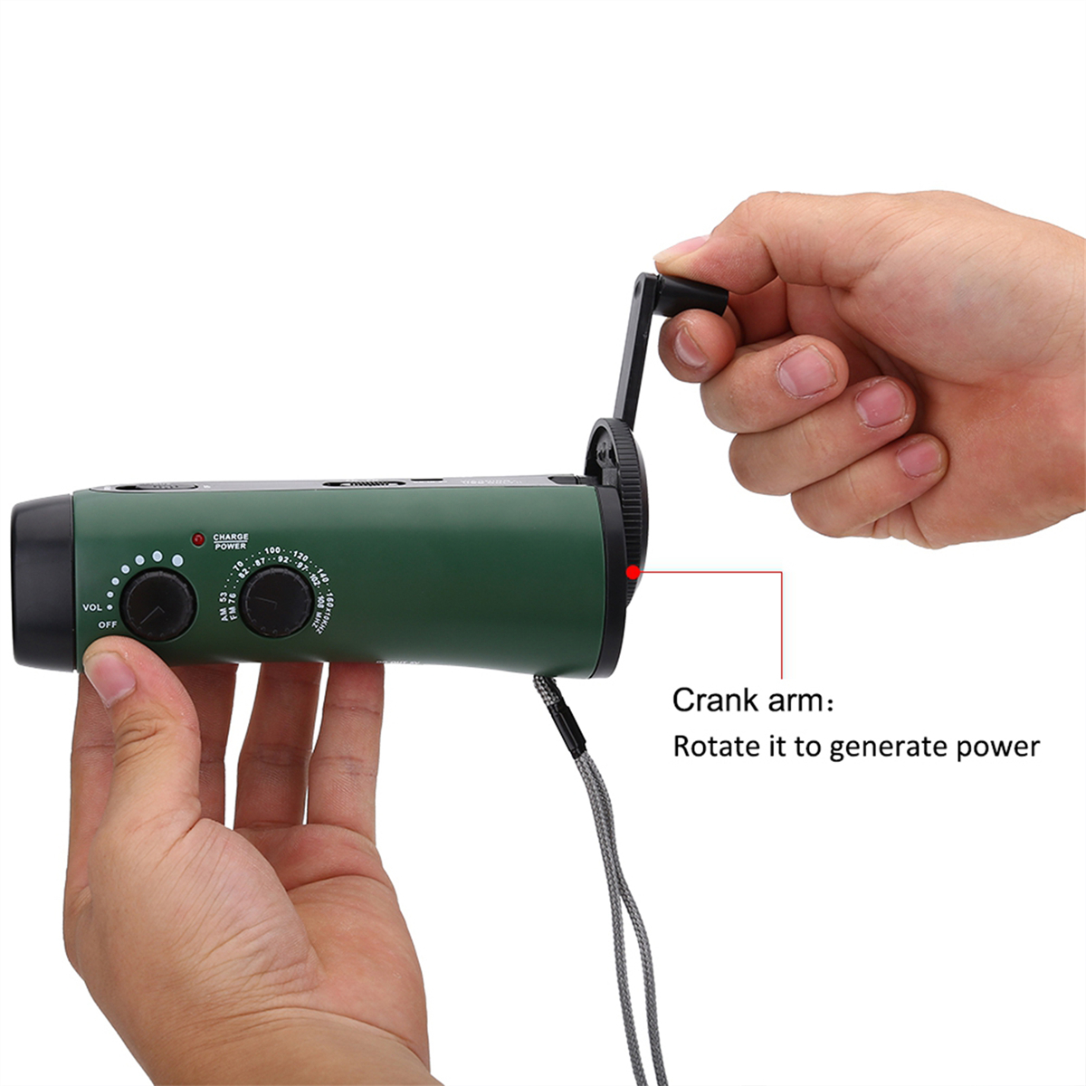 Handkurbelradio. Eine Hand dreht eine Kurbel, um Strom zu erzeugen. Grüner Körper, schwarze Kurbel und graues Kabel.