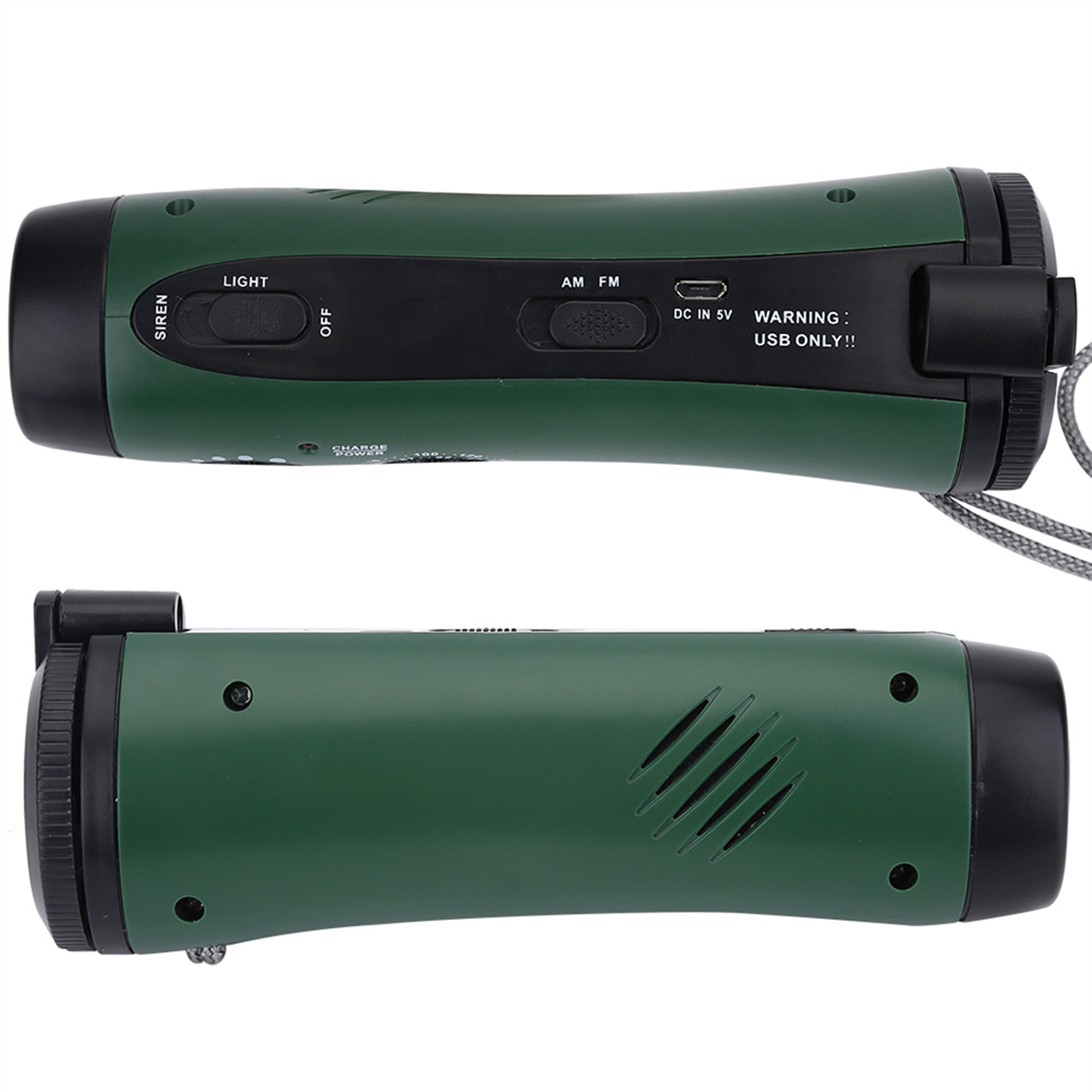 Zwei grüne zylindrische Geräte. Eines hat eine Licht- und Sirenentaste, das andere einen USB-Anschluss und eine Warnung.