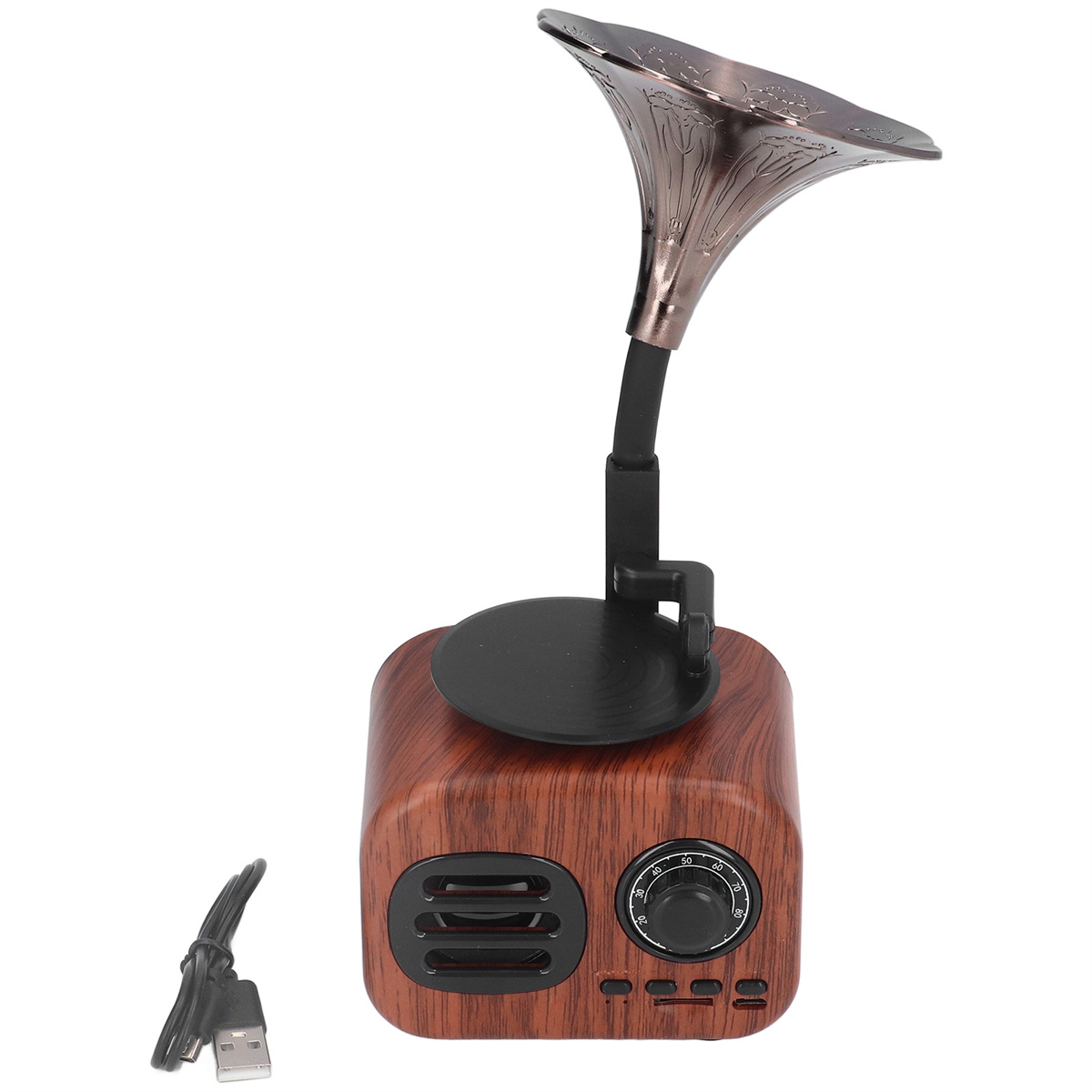 Ein holzfarbener Lautsprecher in Radioform mit einem Vintage-Horn. Ein USB-Kabel befindet sich links.