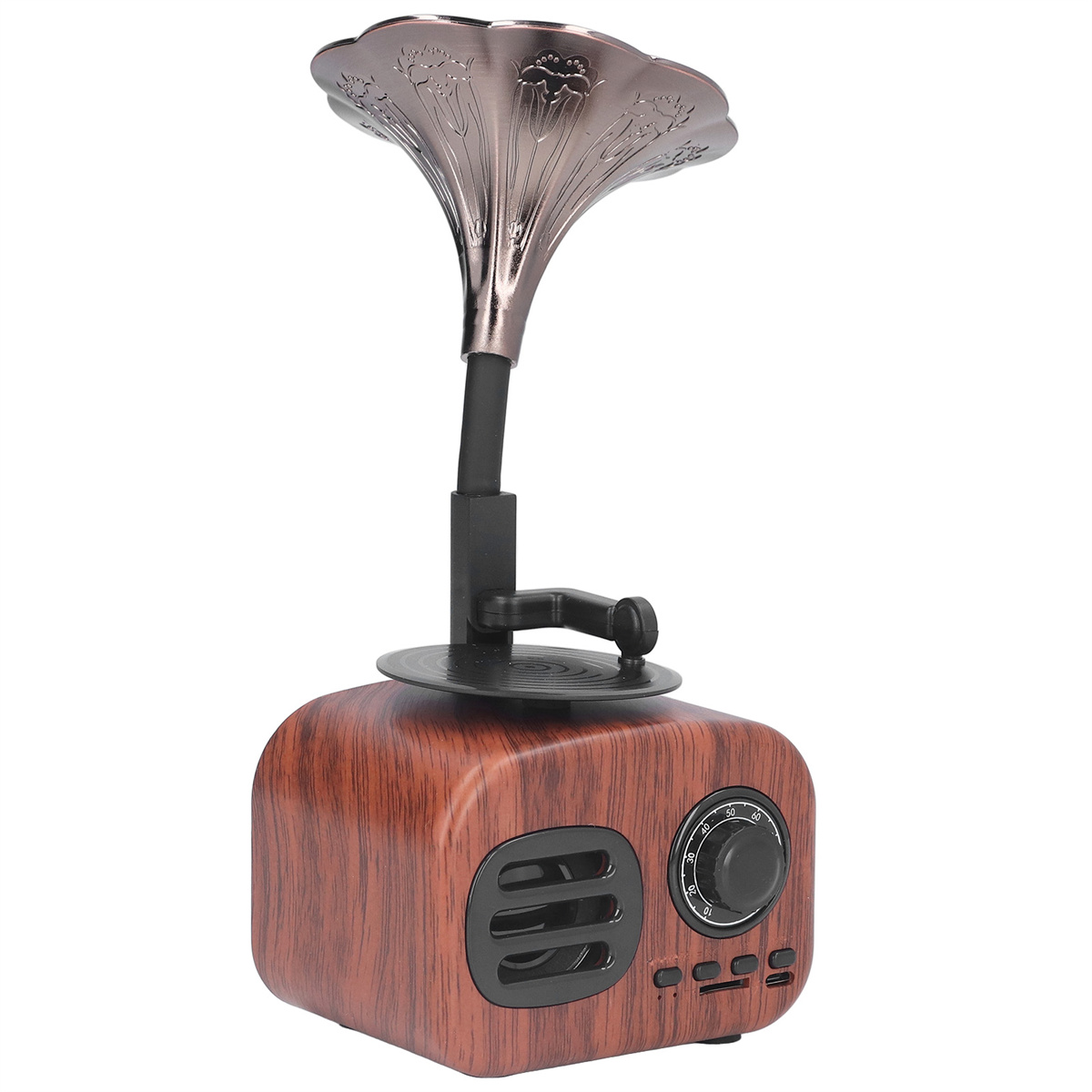 Ein Radio-Lautsprecher im Vintage-Stil. Es ist braun mit einem trichterförmigen Aufsatz, einem Drehknopf und einem Lautsprecher.