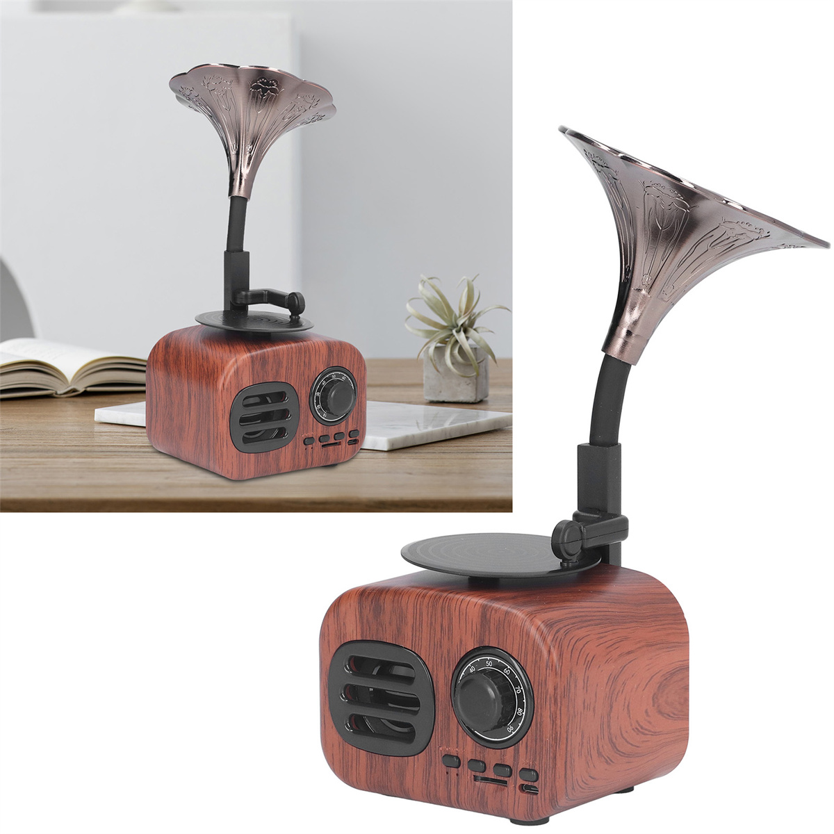 Ein Vintage-Holzradio/Lautsprecher mit einem Horn. Es werden zwei verschiedene Ansichten gezeigt.