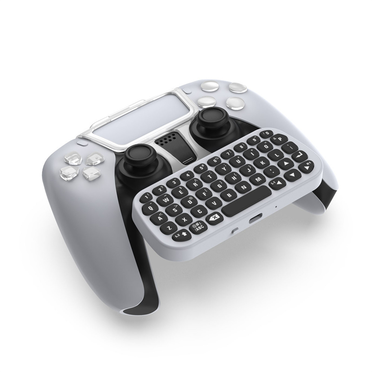 Weißer Gaming-Controller mit einer kleinen Tastatur, auf weißem Hintergrund.