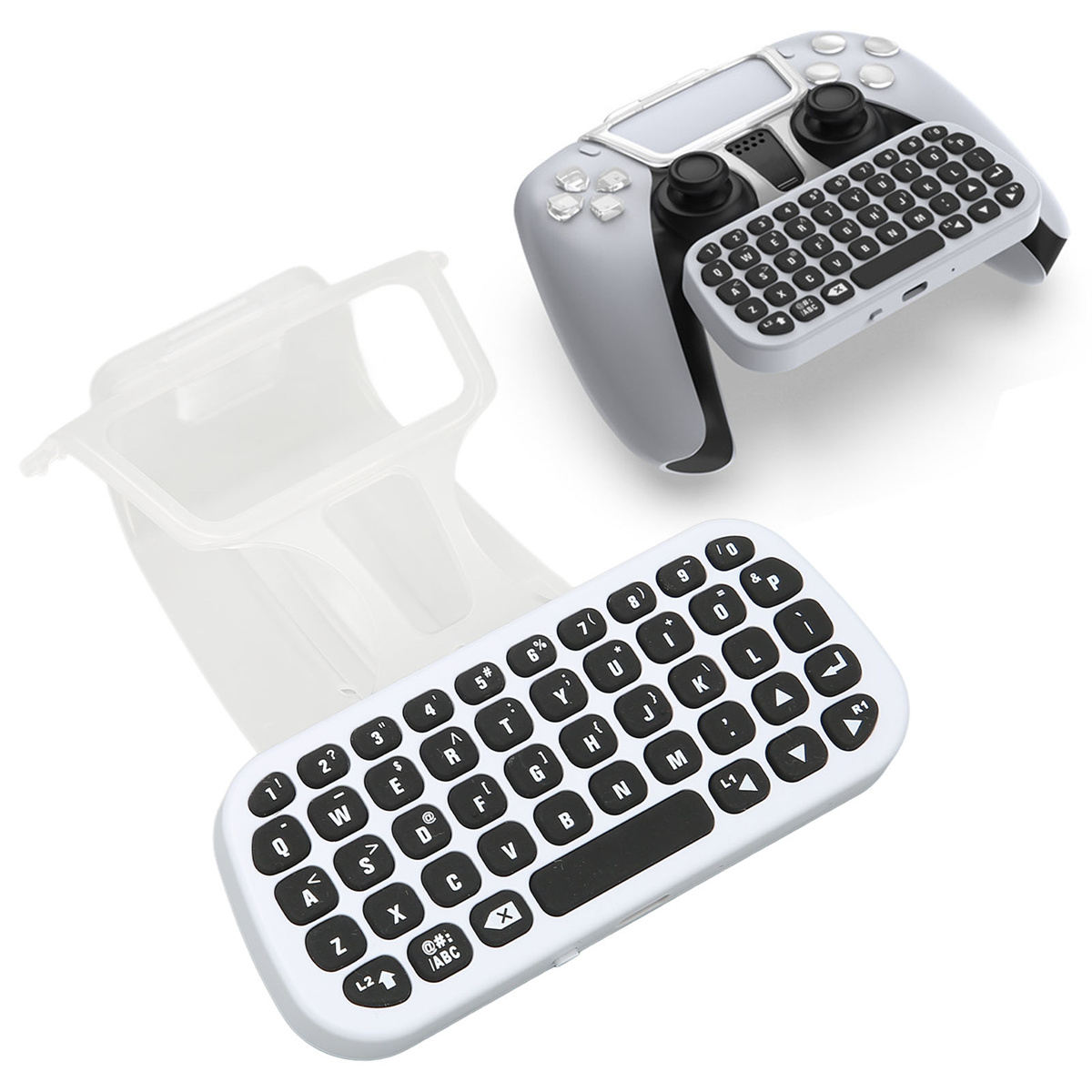 Weiße Tastatur und grauer Controller. Tastatur hat schwarze Tasten, Controller hat Knöpfe.