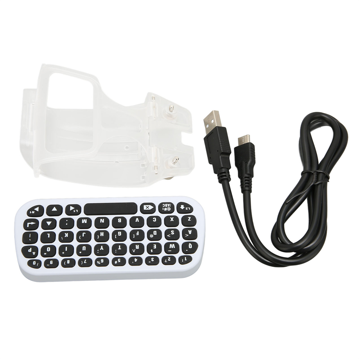 Weiße Mini-Tastatur mit transparentem Kunststoffhalter und Kabeln.