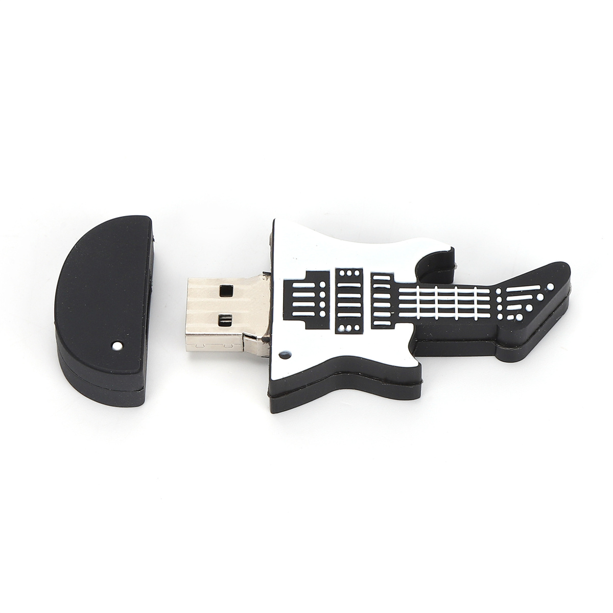 Gitarrenförmiger USB-Stick, schwarz und weiß, mit Kappe, isoliert auf weißem Hintergrund.