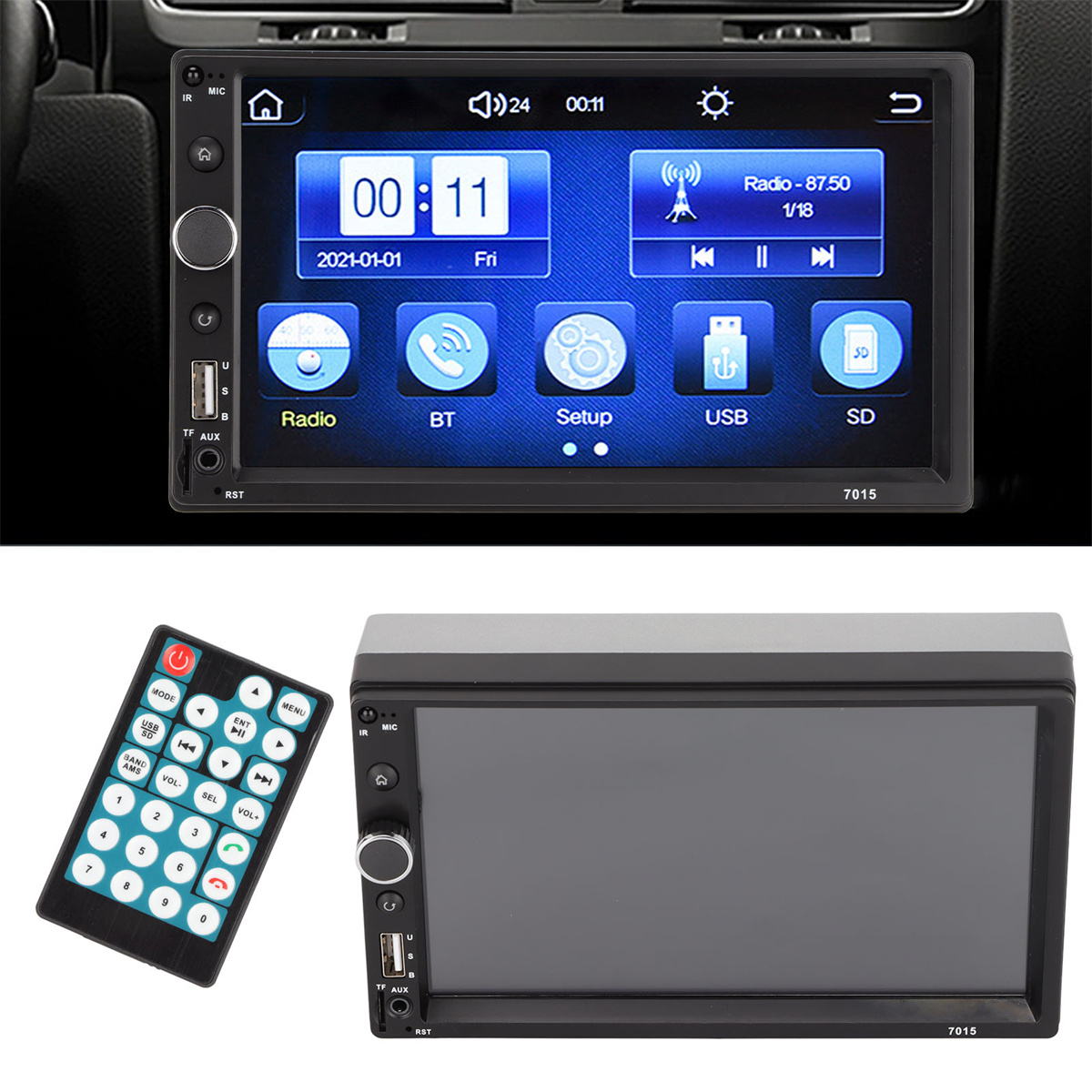Autoradio-Display und -Tasten mit Fernbedienung. Das Display zeigt Menüs und Uhrzeit.