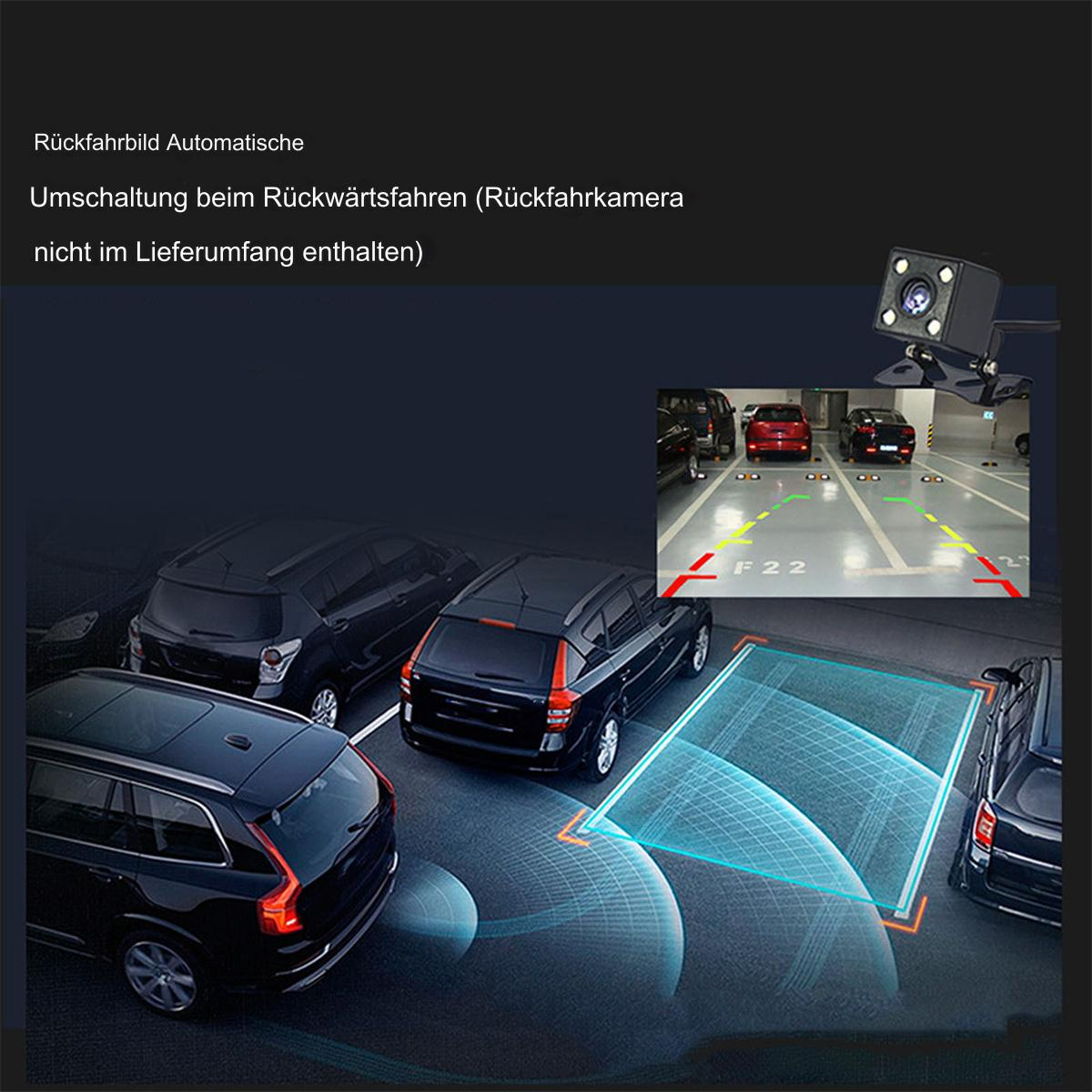 Eine Rückfahrkamera des Autos, die die Ansicht und Parklinien auf einem Parkplatz zeigt.