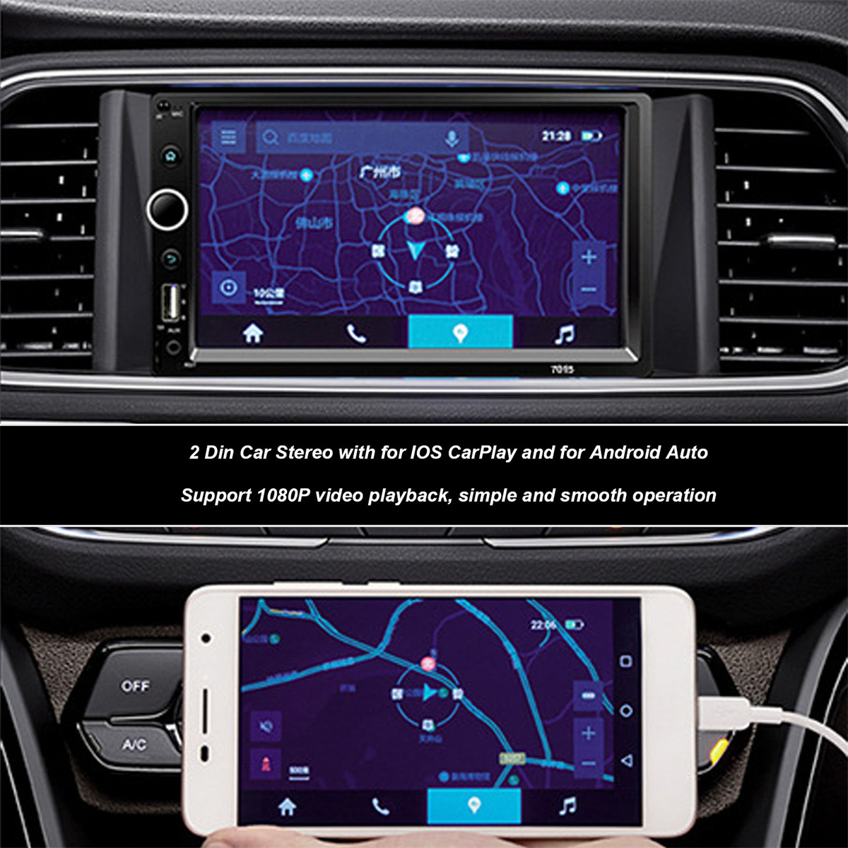 Autoradio zeigt Karte, und Telefon zeigt Karte.