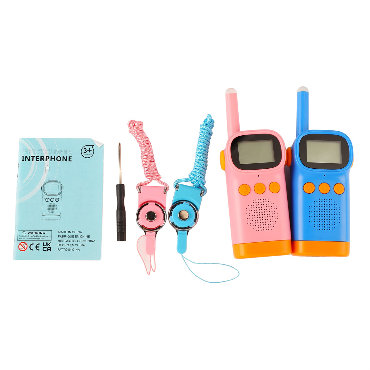 Zwei Walkie-Talkies, rosa und blau. Zubehör: Schraubendreher, Lanyards und ein Heft mit „INTERPHONE“.
